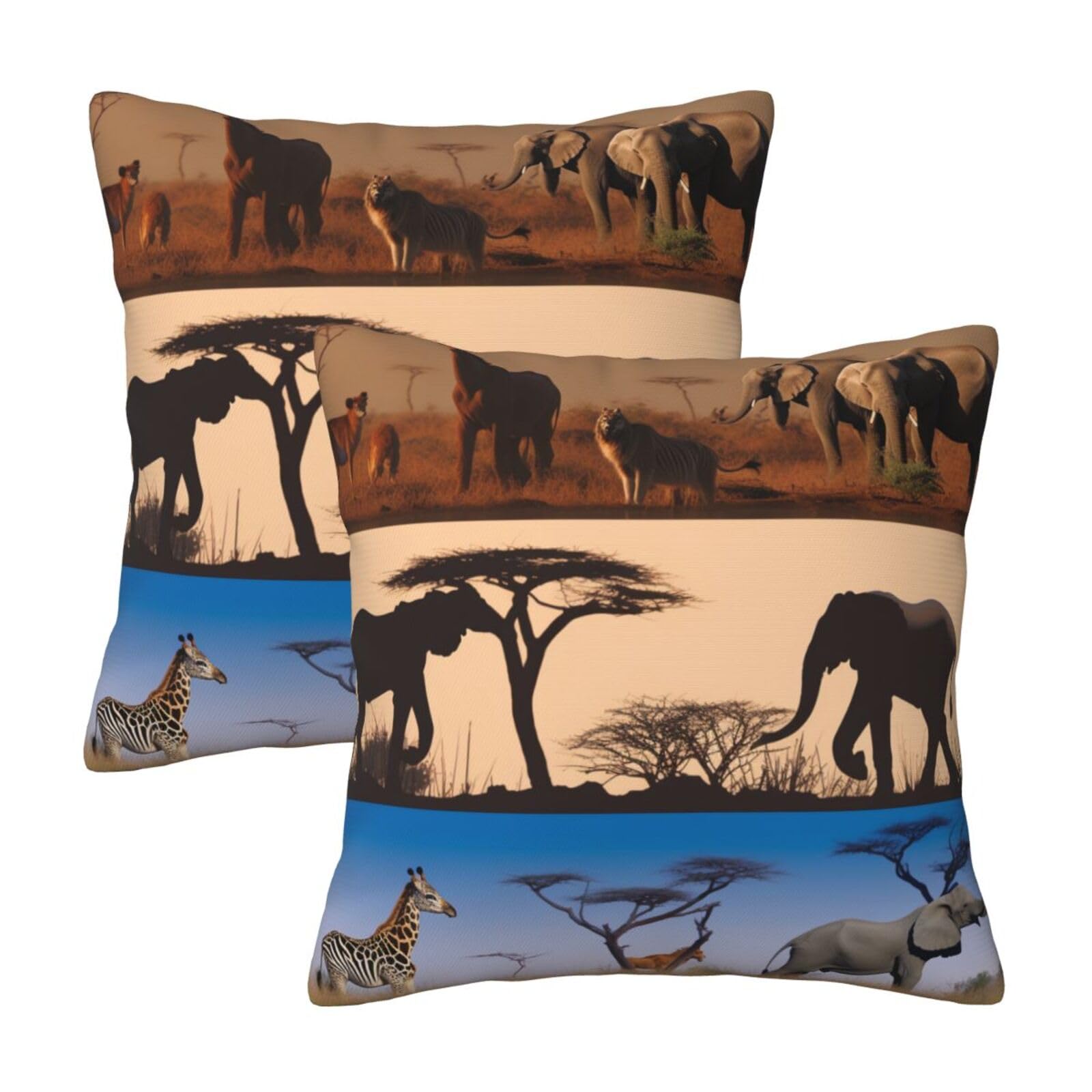 African Wild Animals Throw Pillow Cases 2 Pack Square Pillowcases Soft Pillow Protectors for Couch Livingroom Sofa Bed Office Car,30x30 CM