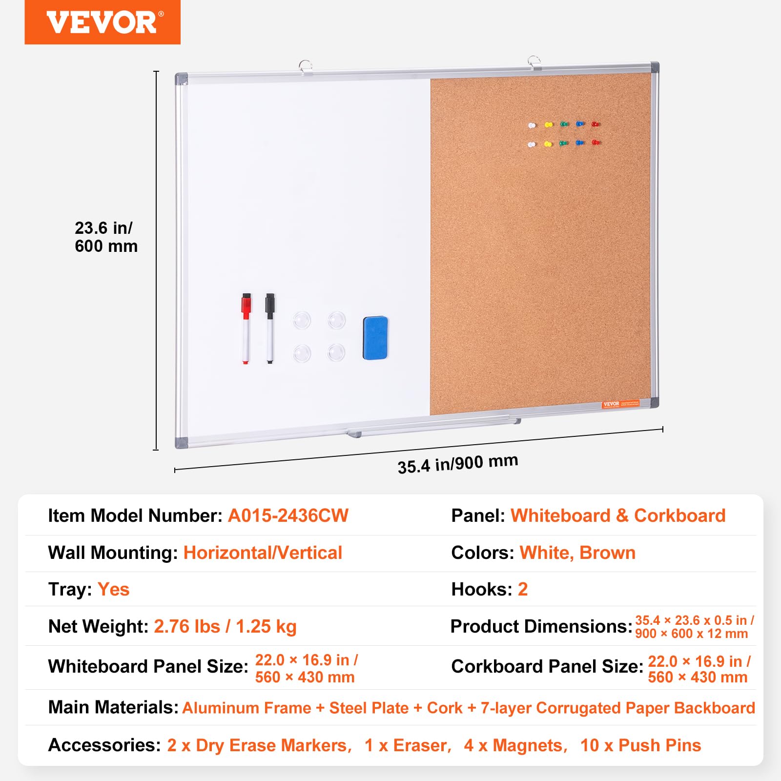 VEVOR Combo Tableau Blanc et Tableau en Liège 90x60 cm, Tableau d'Affichage Magnétique Effaçable à Sec, avec Cadre en Aluminium, Montage Mural, pour Épingler Mémo Notes Photos Bureau Maison École