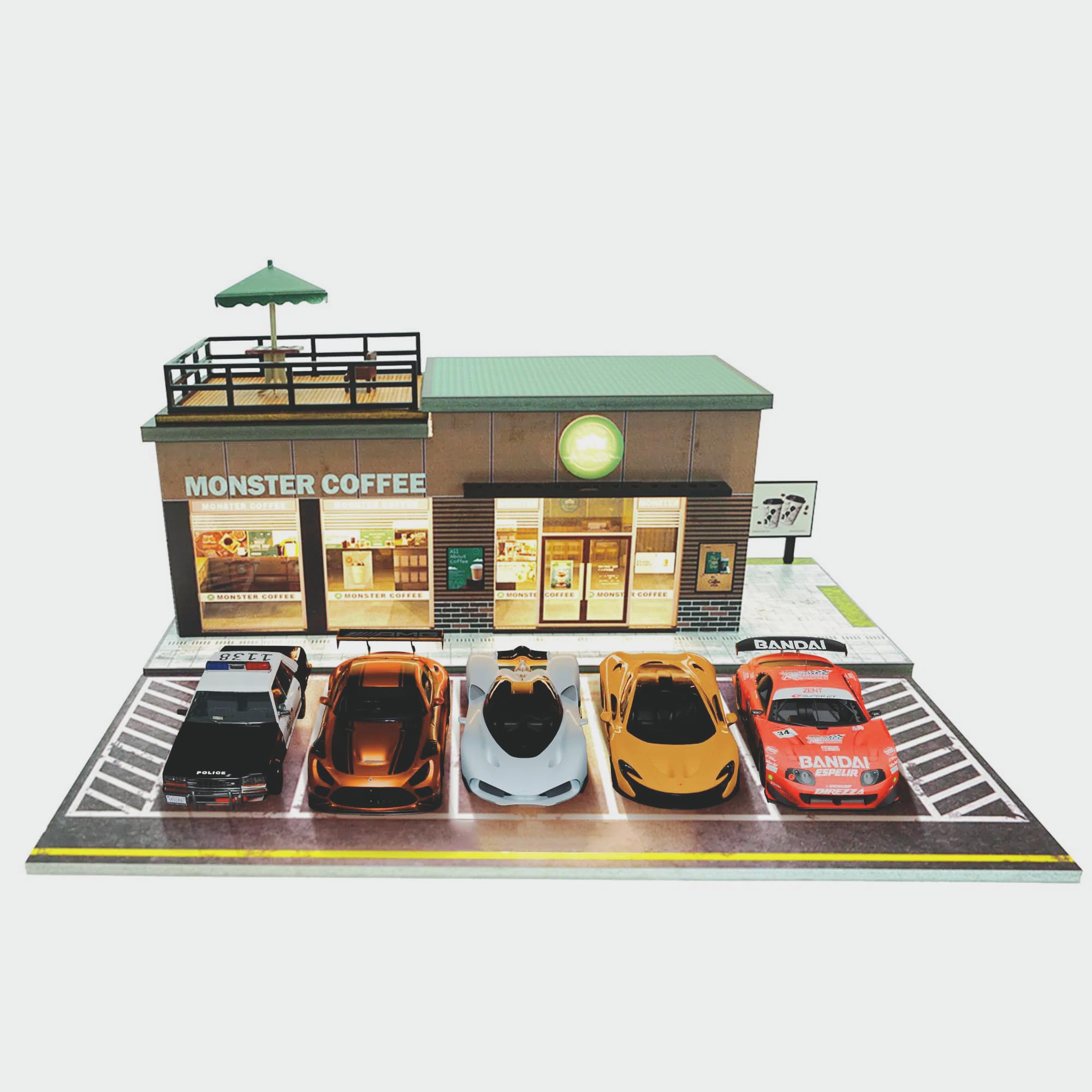 ZAWALUD 1/64 Scale Diecast Toy Car Storage: Display Case for Hot Wheels Garage & Matchbox Cars with LED Light, Art Deco Coffee Shop Theme, Parking Garage Diorama with 5 Outdoor Parking Spaces