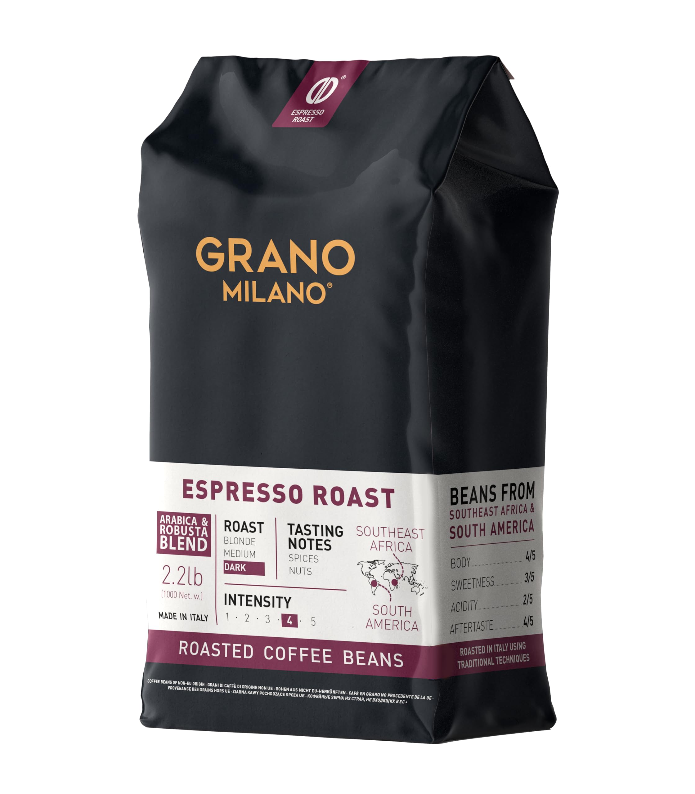 Grano Milano Coffee Beans 1kg Espresso Roast 80% Robusta, Medium Roast Intensity 4/5 Strong Coffee, Made in Italy