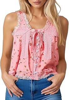 Camisa bohemia para mujer con cordones de encaje sin mangas diseño playera top con botones y materiales de malla aireados