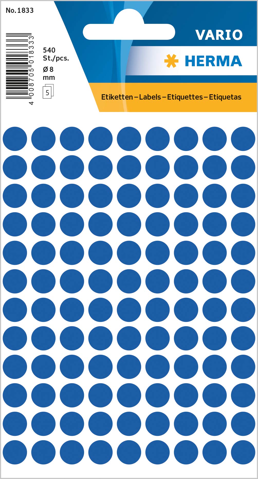 HERMA Universal Labels, 8mm Diameter, Dark Blue, 540 Pack, Model 1833