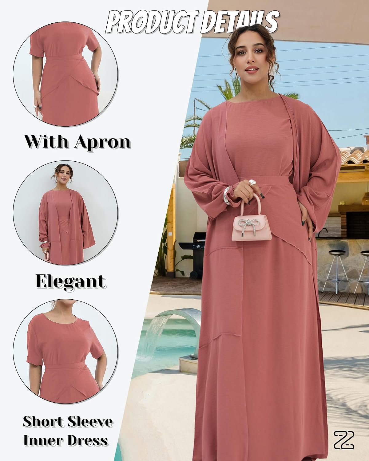 Abaya Muslim Prayer Dress Set Ramadan Open Front Islamic Clothing 3pcs Prayer Robe with Waist Apron Loose Flowy