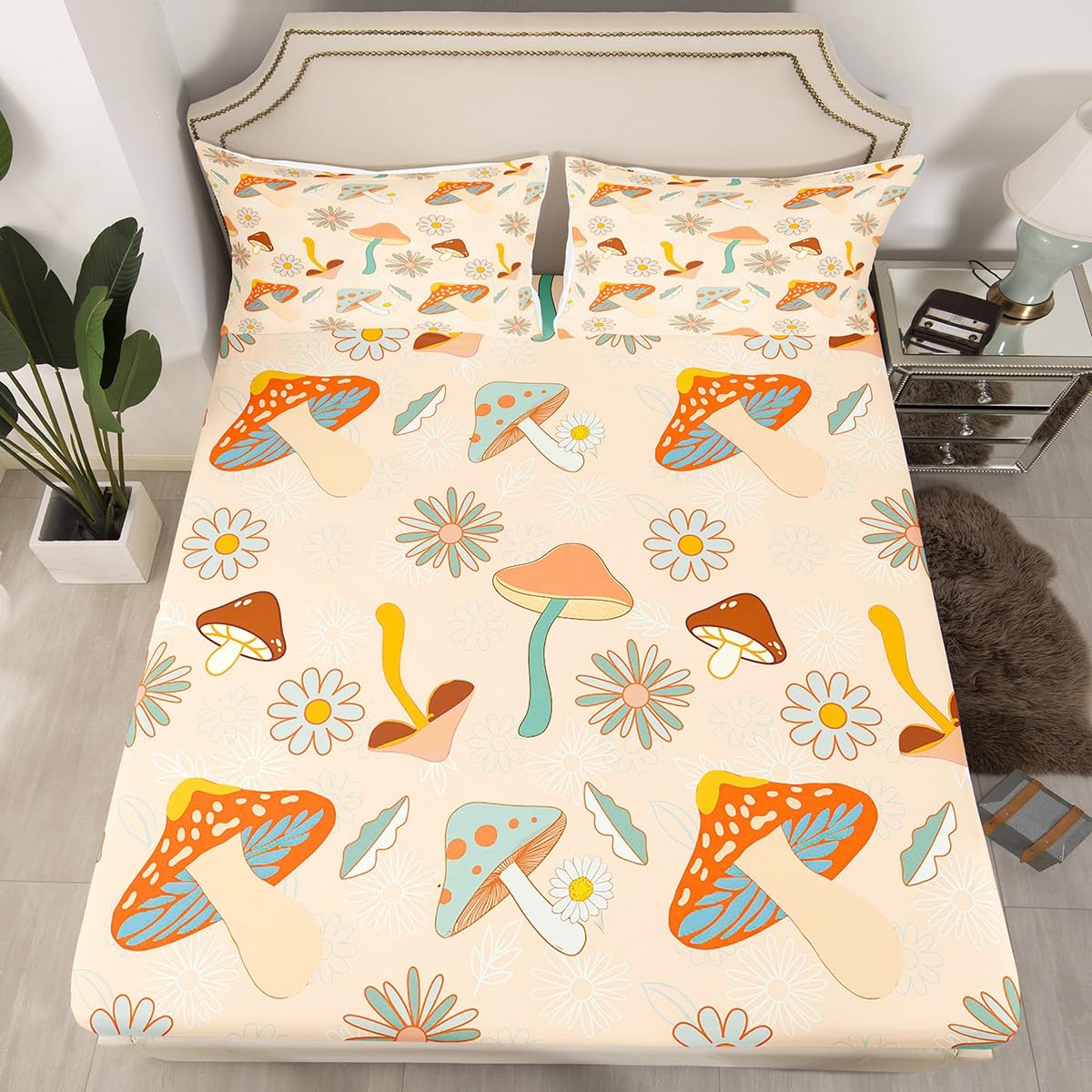 Castle Fairy 60s 70s Retro Mushroom Fitted Sheet Full Size,Groovy Flowers Floral Bedding Set(1 Fitted,1 Flat,2 Pillows),Boho Art Deep Pocket Bed Sheets Set for Girls Teens Gift