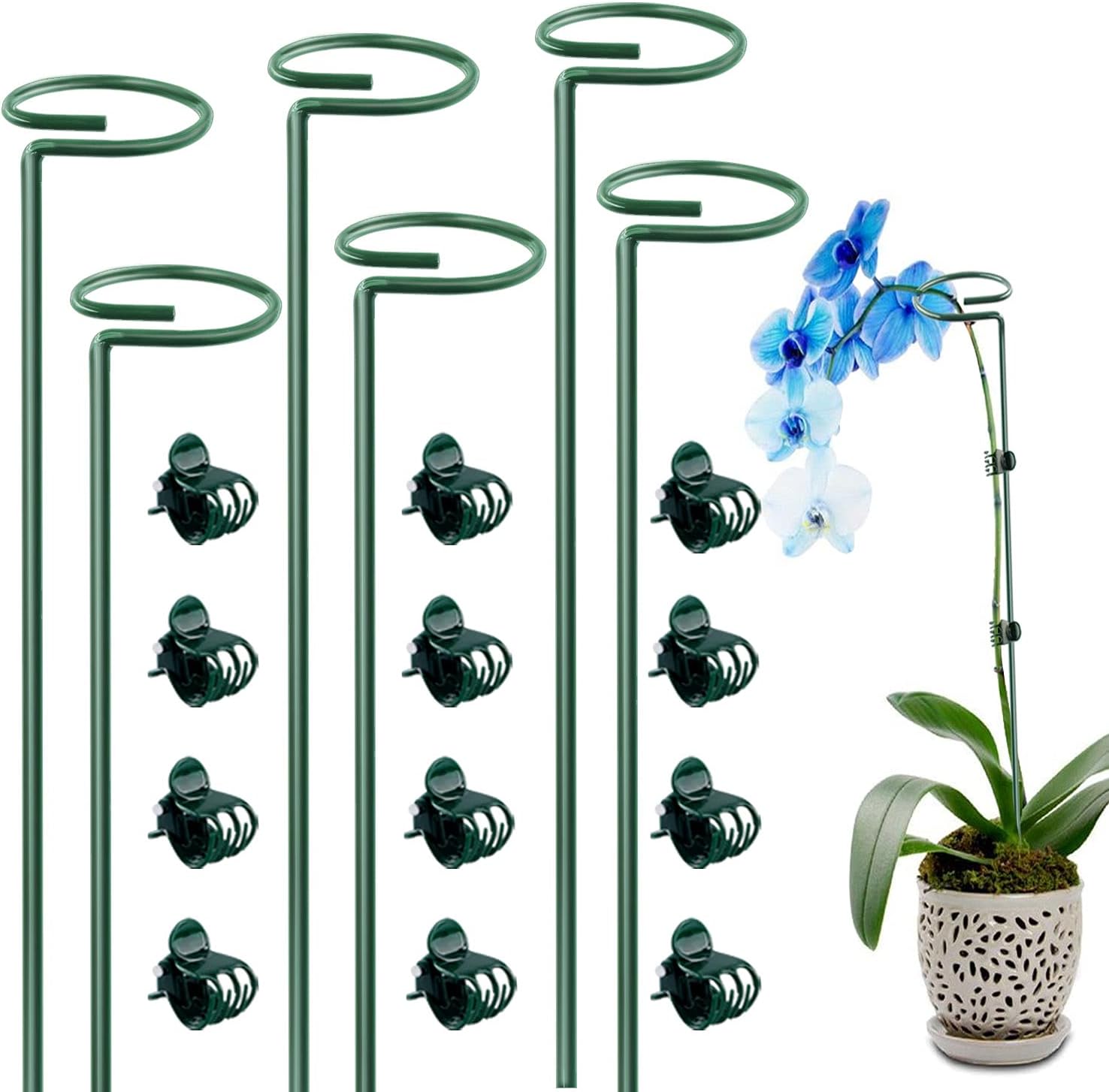 Dreecy 6 Pack 16 Inch Orchid Support Stakes with 12 Pcs Clips, Sturdy Metal Floral Flower Support Garden Single Stem Plant Stakes for Amaryllis Orchid Tomatoes Lily Rose Peony,Dark Green