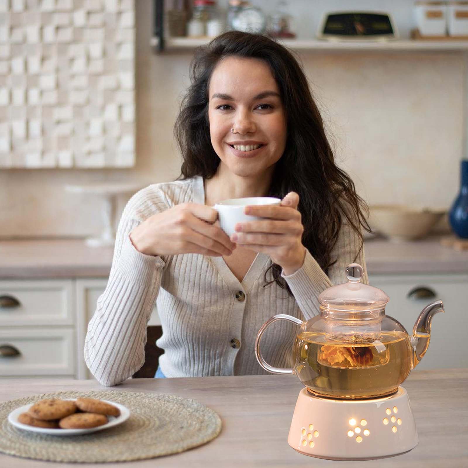 Stoofje voor theepot, witte theewarmer, stoof keramiek met kurkoplegger, koffiewarmer, stoof kan de theepot verwarmen en de temperatuur behouden