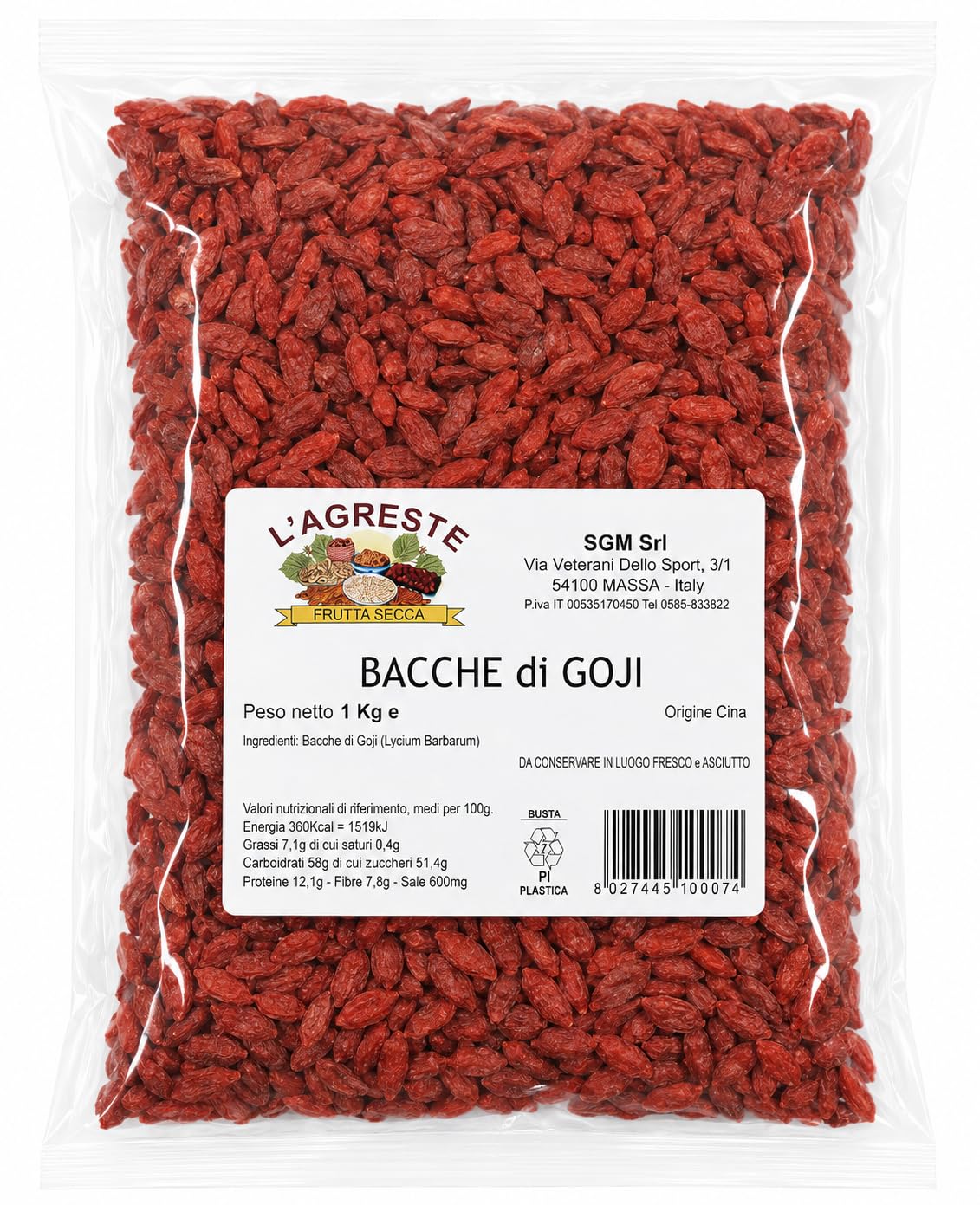 L'AGRESTE - BACCHE DI GOJI (Goji berry) NATURALI 1 KG, SENZA ZUCCHERI AGGIUNTI. Alta Qualità. SUPERFOOD