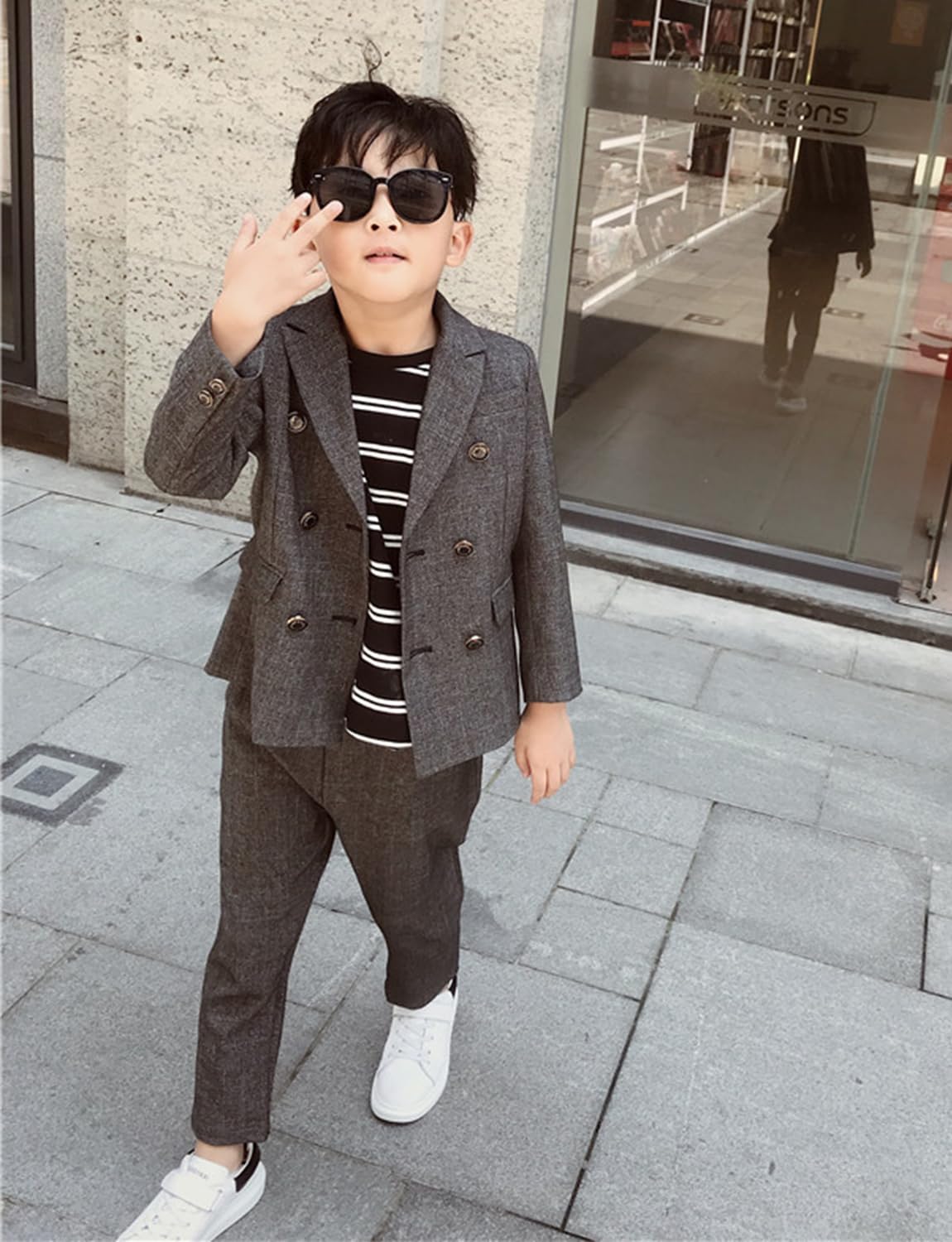 Jungen Hahnentritt Anzug Zweireiher Jacke Hose Zweiteiliges Set für Schule Party