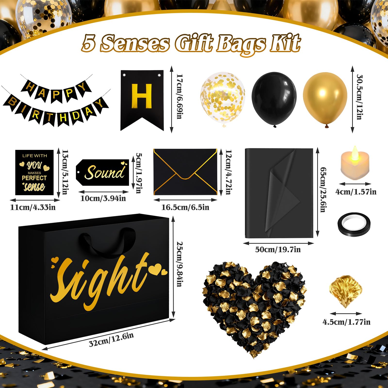 5 Senses Gift Bags for Him with Labels - Five Senses Birthday Party Decorations,Tissue Paper Rose Petals and Happy Birthday Banner Balloons for Husband Boyfriend Party Decor(Gold Black)