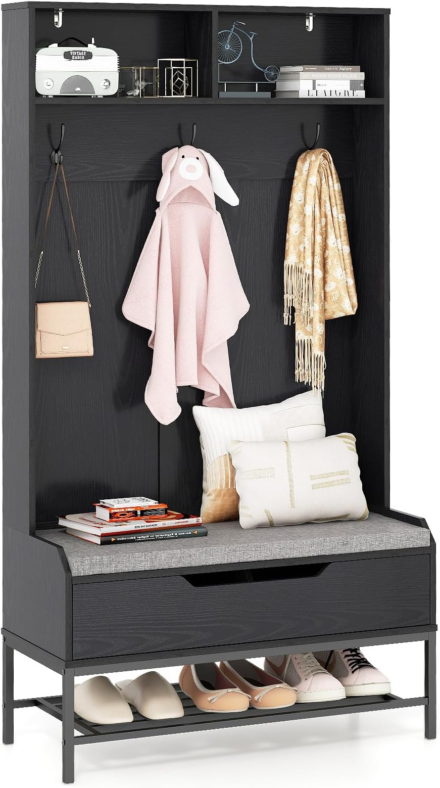 69 Inches Hall Tree, 4-in-1 Coat Rack with Bench and Shoe Storage, Seat Cushion, Open Compartments, Hooks, Lift-top Storage, Entryway Bench with Anti-toppling Devices (Black)