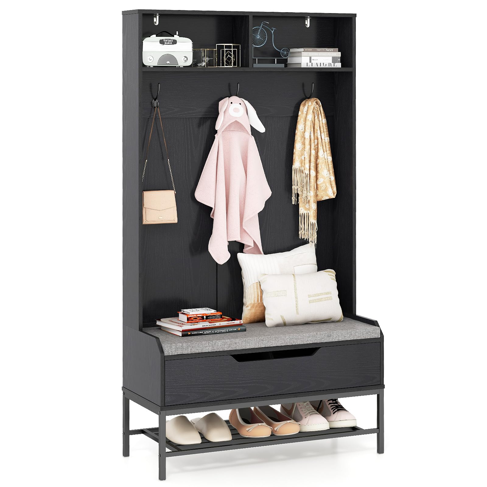 COSTWAY Coat Rack with Shoe Storage, 170cm Freestanding Hall Tree Coat Stand with Shelves, Hooks, Lift-Top Bench and Seat Cushion, Entryway Hallway Storage Unit Clothes Hanger Organiser (Black)