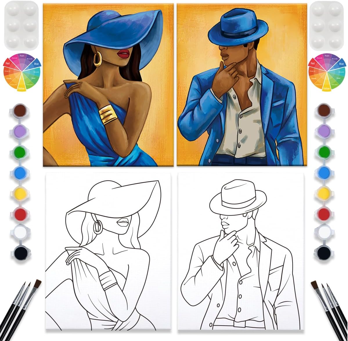 VALLSIP 2 Pack Paint and Sip Kit - Pre-Drawn 8x10 Stretched Canvas Afro Elegant Couple for Date Night, Valentines, Adult Painting Party