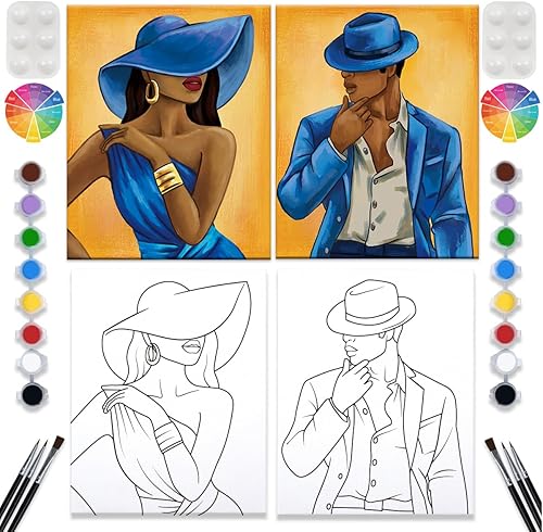 2 Pack Paint and Sip Canvas Painting Kit Pre Drawn Canvas for Painting for adults Stretched Canvas Couples Games Date Night Afro Elegant Gentleman