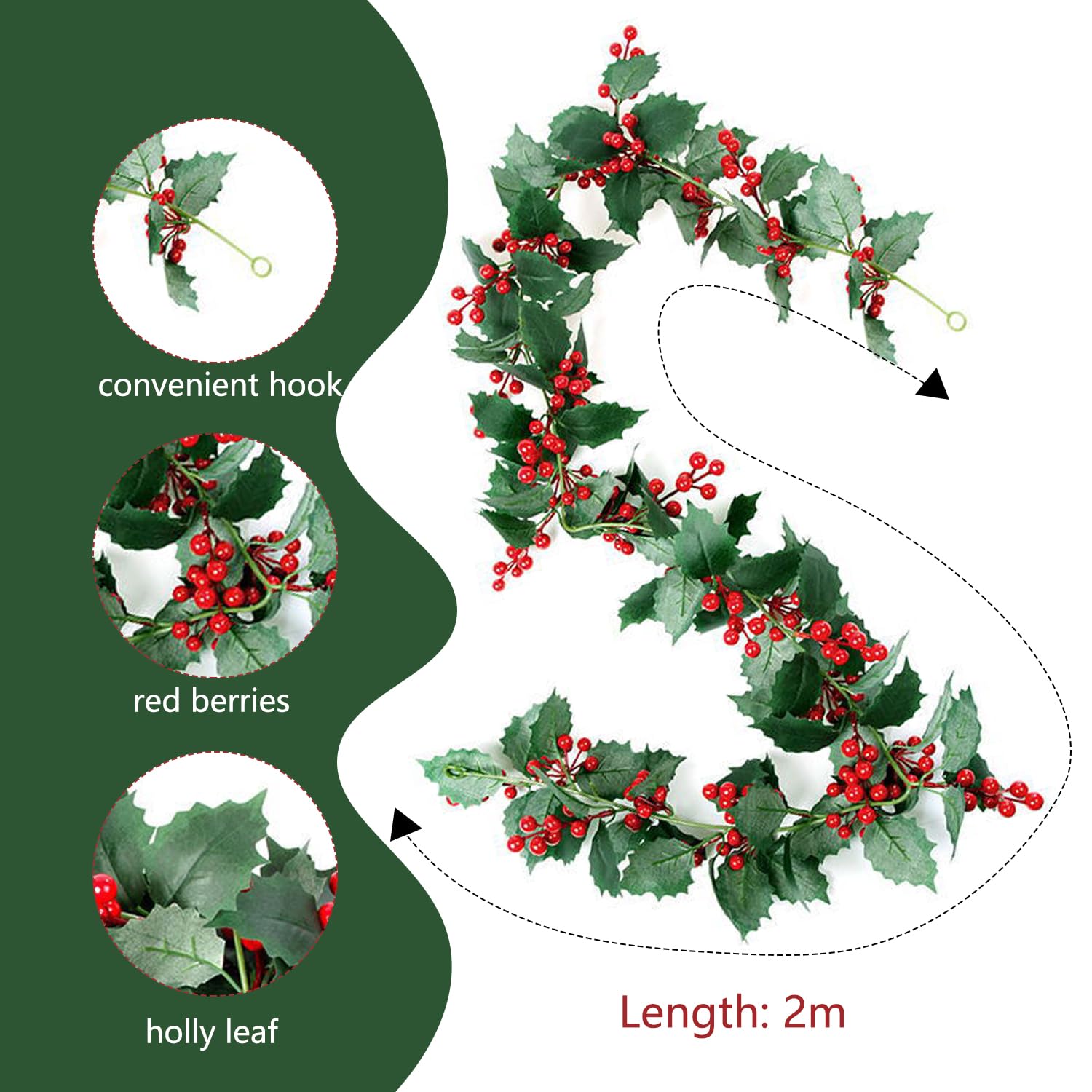 Baie Noël Houx Guirlande, 180cm Noël Guirlandes Baies Houx Rouge Guirlande Deco Avec Feuilles De Houx Et Pommes De Pin Mid Leds 86246340