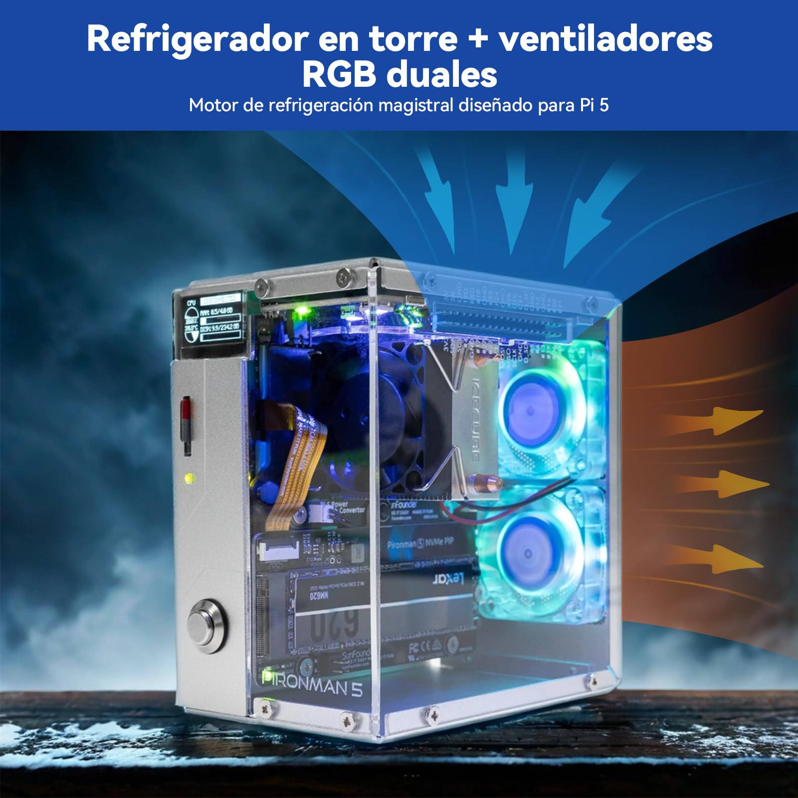 Pironman 5 carcasa Mini PC NVMe M.2 SSD PCIe 2.0/3.0 para Raspberry Pi 5 Hailo-8L, agente IA OpenClaw, refrigeración torre + doble ventiladores RGB, módulo OLED 0,96", apagado seguro, HDMI, efecto RGB
