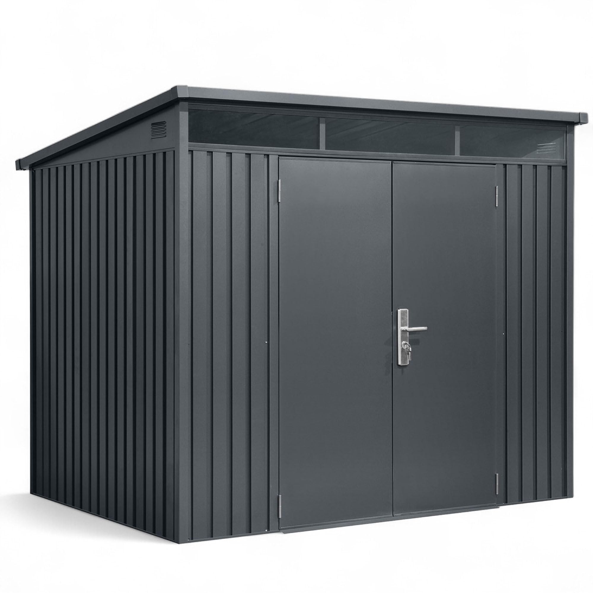 Gerätehaus Metall pulverbeschichtet anthrazit Pultdach 237x186x201/179 cm Tageslichtfenster Gasdruckdämpfer Schloss Lüftungsgitter 4m²