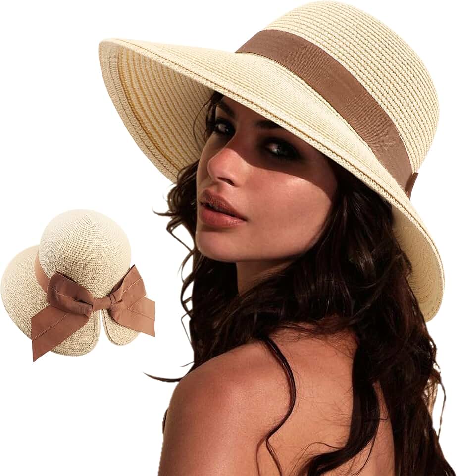 DRESHOW Chapeau de paille Panama pour femme - Chapeau de soleil Fedora - Chapeau d'été à large bord - Chapeau enroulable UPF 50+