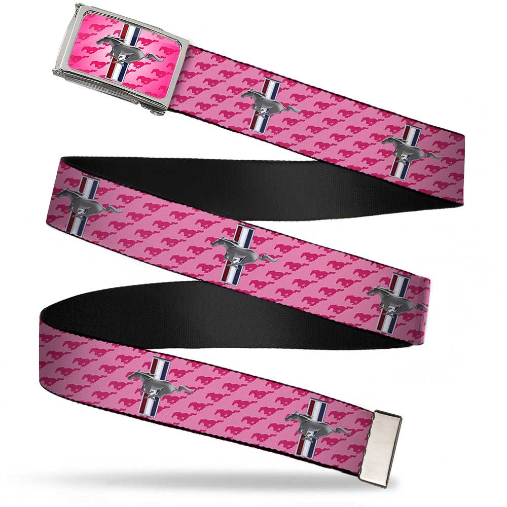 Ford Mustang w/Logo FCG Pink - Chrome 1.25" Frame - Ford Mustang w/Bars w/Text PINK LOGO REPEAT Webbing