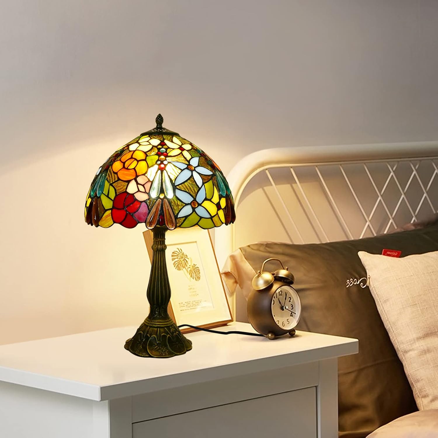 Tiffany Table Lamp 12x12x19 Inch Multi-Color Flowers Style Table Lamp Stained Glass Lamp Bedside Nightstand Reading Desk Light for Bedroom Home Office Decor (LED Bulb Included)
