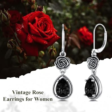 Vintage Rose Leverback Earrings 925 Sterling Silver Oxidized Retro Antique Dangle Earrings with Crystal from Austria, Valentine Wedding Jewelry Gifts for Women