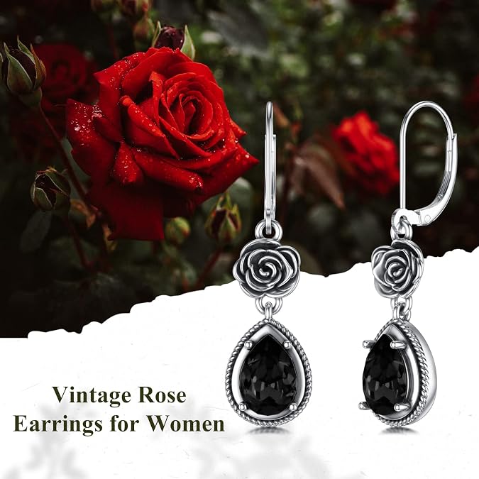 Vintage Rose Leverback Earrings 925 Sterling Silver Oxidized Retro Antique Dangle Earrings with Crystal from Austria, Valentine Wedding Jewelry Gifts for Women