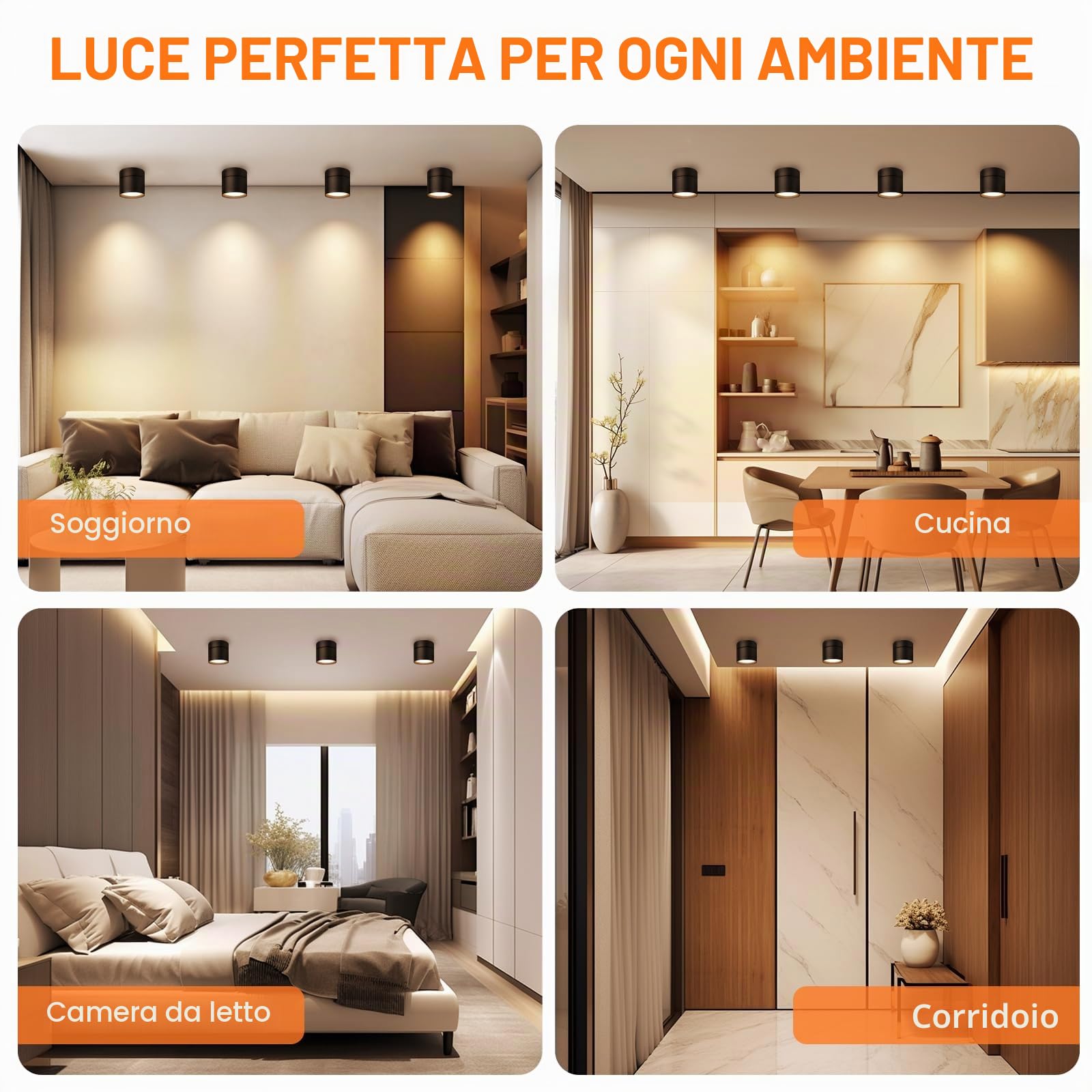KYOTECH Set da 4 Faretto da soffitto a LED orientabili Ø84*80mm con intercambiabile 6W GX53 Lampadina LED Spot Light Nero Faretti da Soffitto luce Calda Bianca 3000K 550LM Apparecchio a Plafone