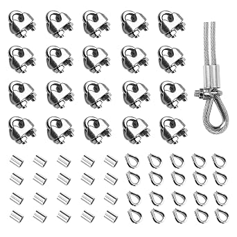 60PCS 1/8 Inches M3 Stainless Steel Wire Rope Cable Clip Clamp & M3 Thimble & M3 Aluminum Crimping Loop Sleeve 3 Styles 20PCS Each, Cable Clamp Fasteners for 1/16"-1/8" Wire Rope for Outdoors