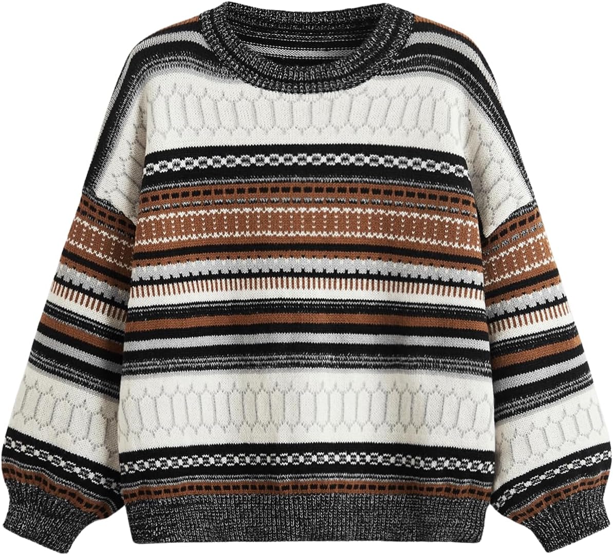 MakeMeChic Women's Winter Christmas Sweaters Grandpa Vintage Striped Oversized Long Sleeve Crew Neck Brown Knit Sweater