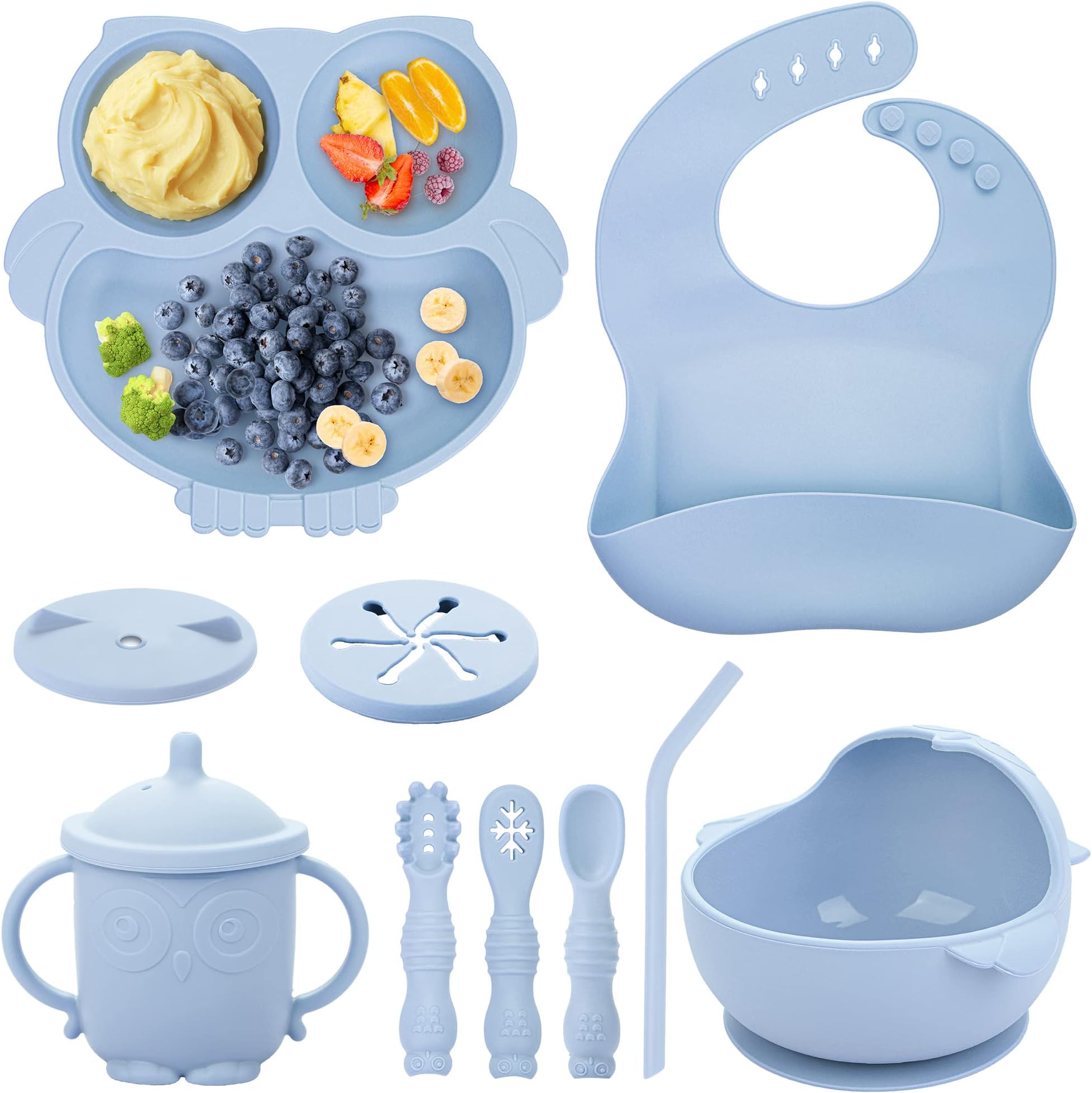 Bnditeu Baby Weaning Set, Silicone Baby Feeding Set(10 Pcs), Toddler Weaning Set with Adjustable Bib, Suction Bowl, Plate, Fork, Spoon, Water & Snack Cup Kit, Baby Led Weaning Kit for Babies and Kids