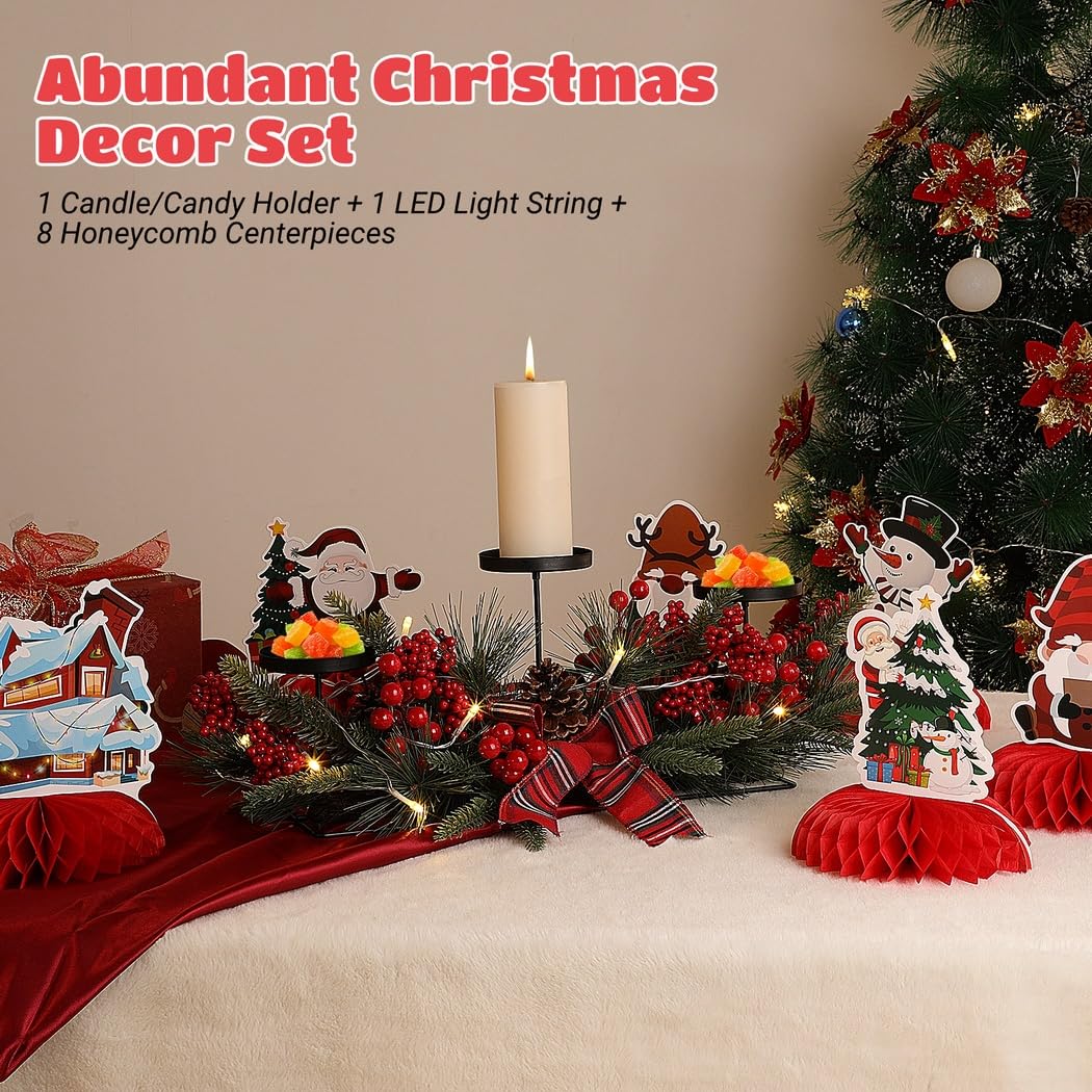 Portavelas de Navidad con cuerda de luz blanca cálida, 8 centros de mesa de panal, portavelas 3 en 1 con bayas rojas y lazos de cinta, decoraciones de Navidad de Papá Noel para el hogar