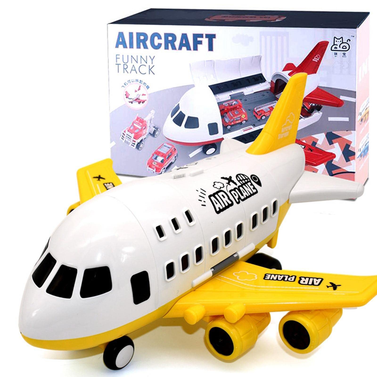 Juego de Avión de Juguete para Niños con Contenedor de Almacenamiento Y Pista de Inercia, Yellow_6 vehículos de construcción