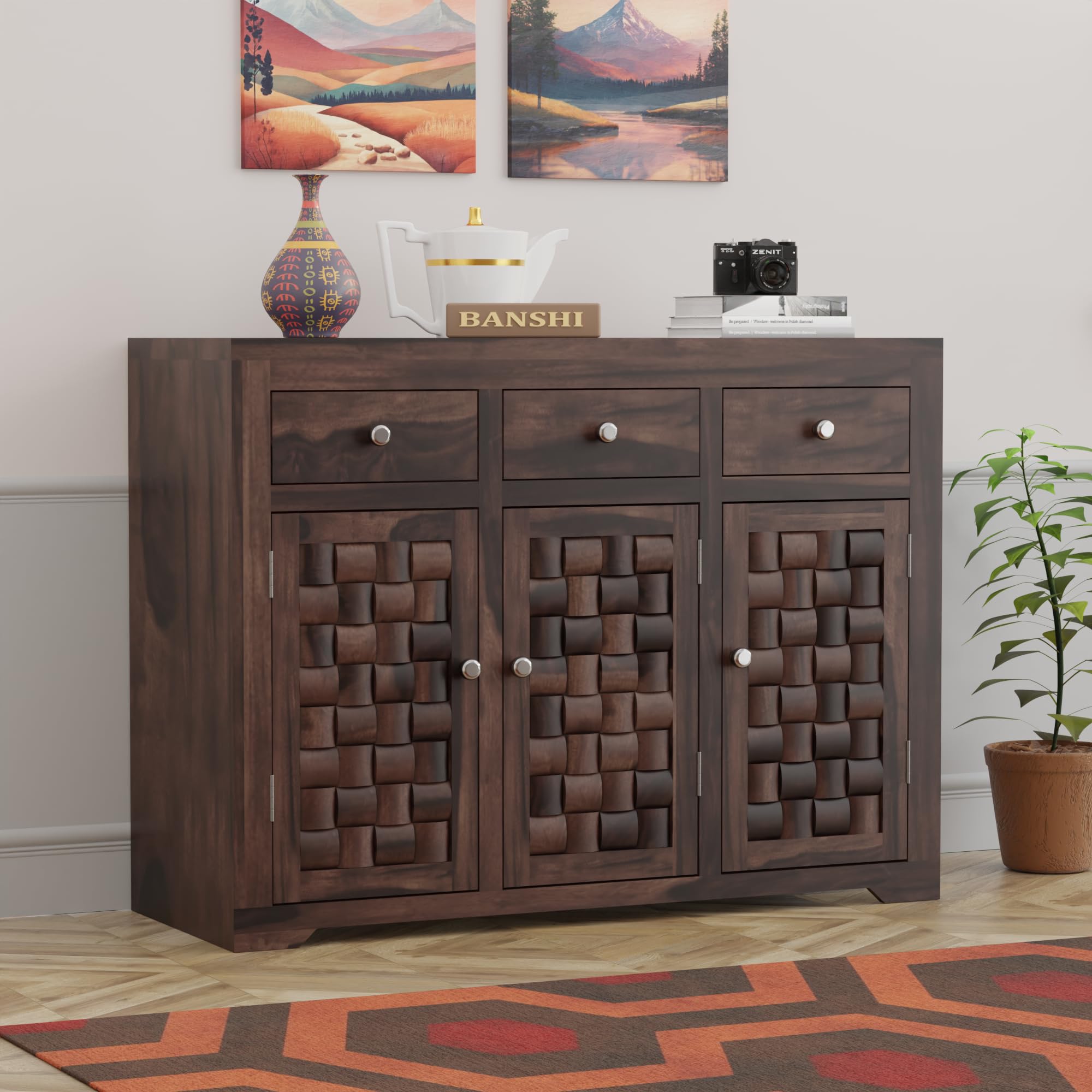 Sheesham Wood Sideboard Cabinet for Living Room Wooden Storage Cabinet for Home (Walnut Finish)-image-10
