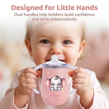 Personalized Insulated Sippy Cup for Toddlers, Custom Cute Animal and Name, Baby's First Straw Cup, Training Cup with Handle, BPA Free, 6m+, 10 oz/300ml, Birthday Baby Shower Xmas Gifts