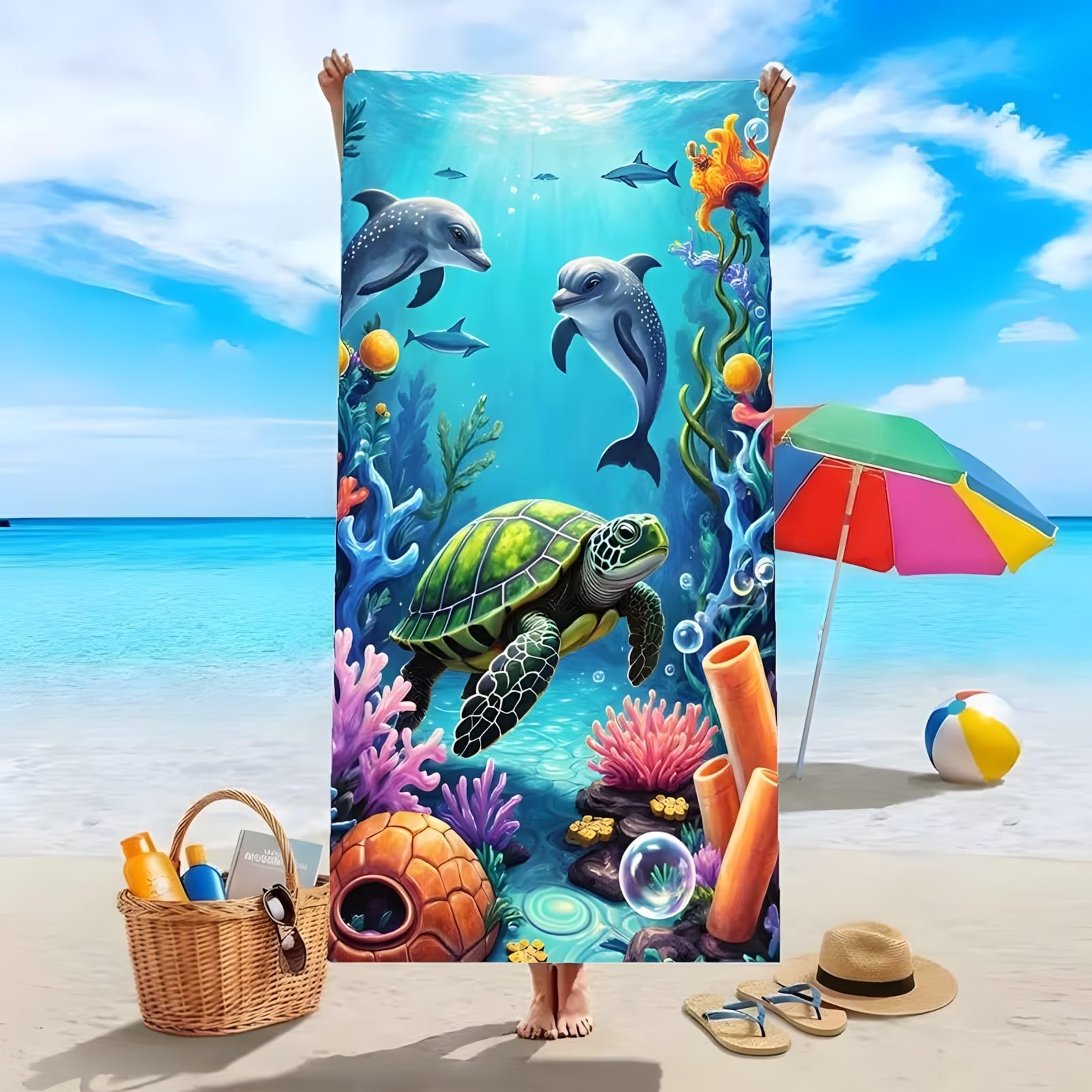 YZQGLHP Turtle Microfibre Beach Towel Dolphin Beach Bath Towel Quick Drying, Lightweight, Sand-Free, Durable, for Pool, Gym, Camping, Travel Towel 70x130cm