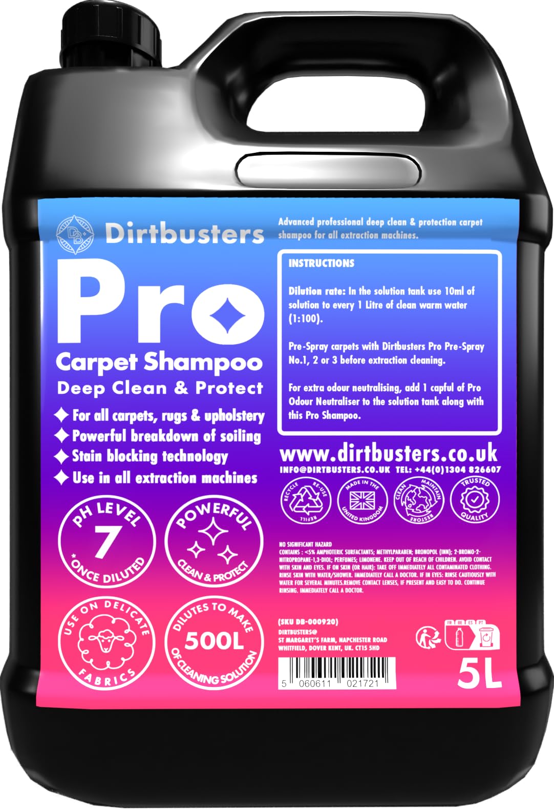 Dirtbusters Pro Carpet Cleaner Shampoo Solution, Deep Clean & Protect For A Professional Clean With Stain Protection Technology & Odour Treatment (5L)Dirtbusters Pro Carpet Cleaner Shampoo Solutio…