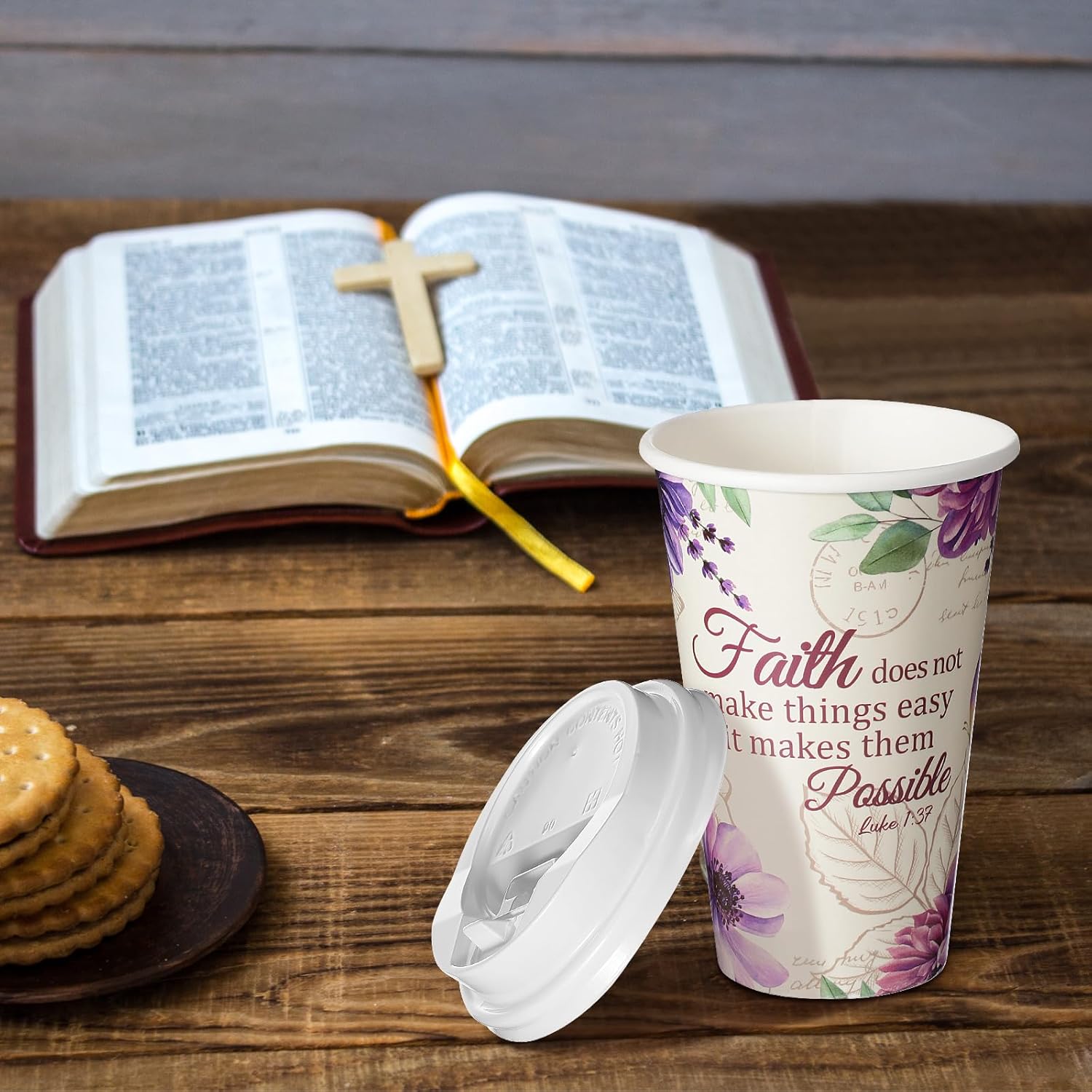 Dandat 100 Pcs Christian Disposable Coffee Cups with Lids 16 oz Floral Tea Scripture Paper Cups Bulk Bible Verse Coffee Drinkware for Religious Church Wedding Baby Shower Home Offices Supplies