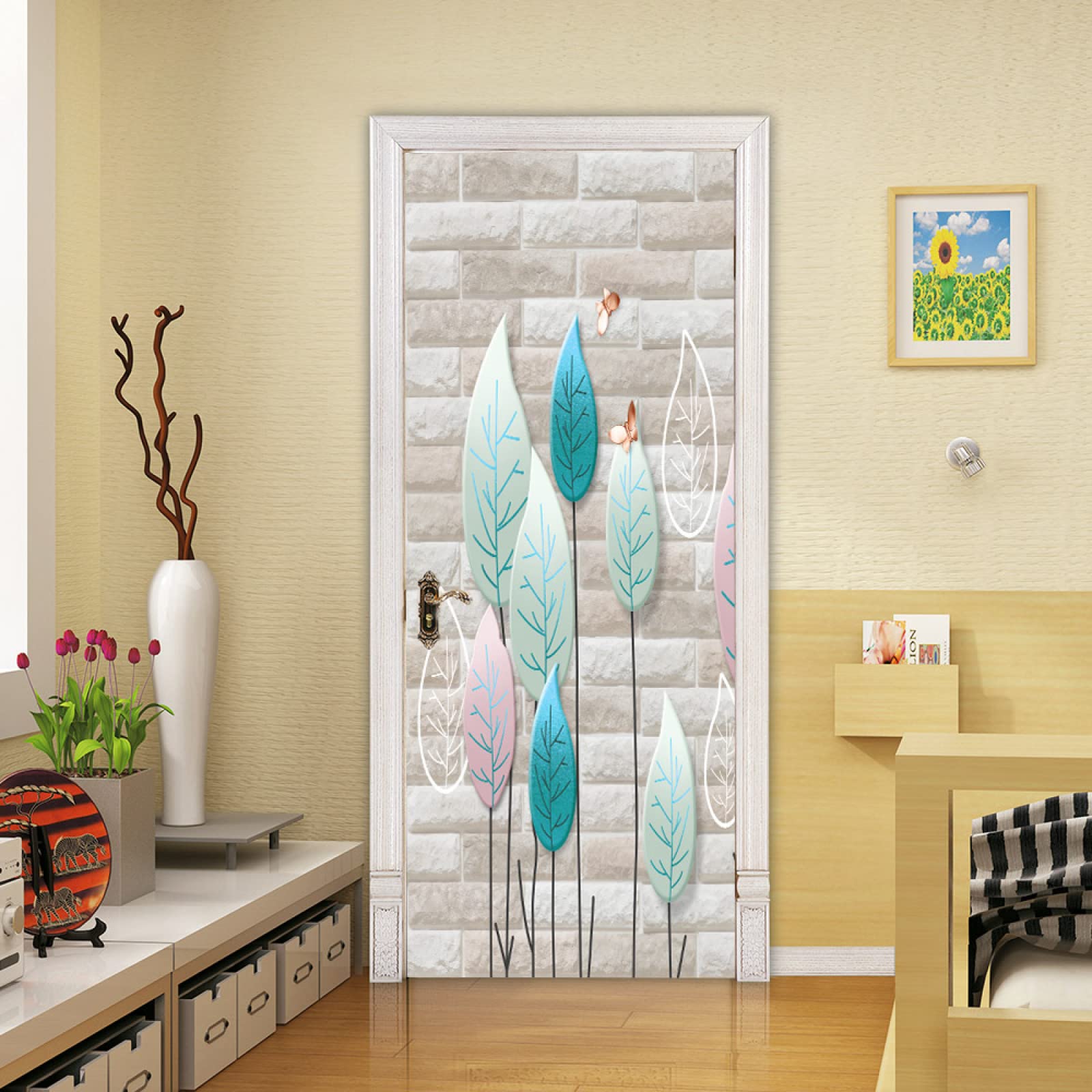 Autocollant Porte 3D Arbre Asiatique - PVC Imperméable 63x205cm, Amovible, Décoration Murale Facile (style Trompe-l'œil)