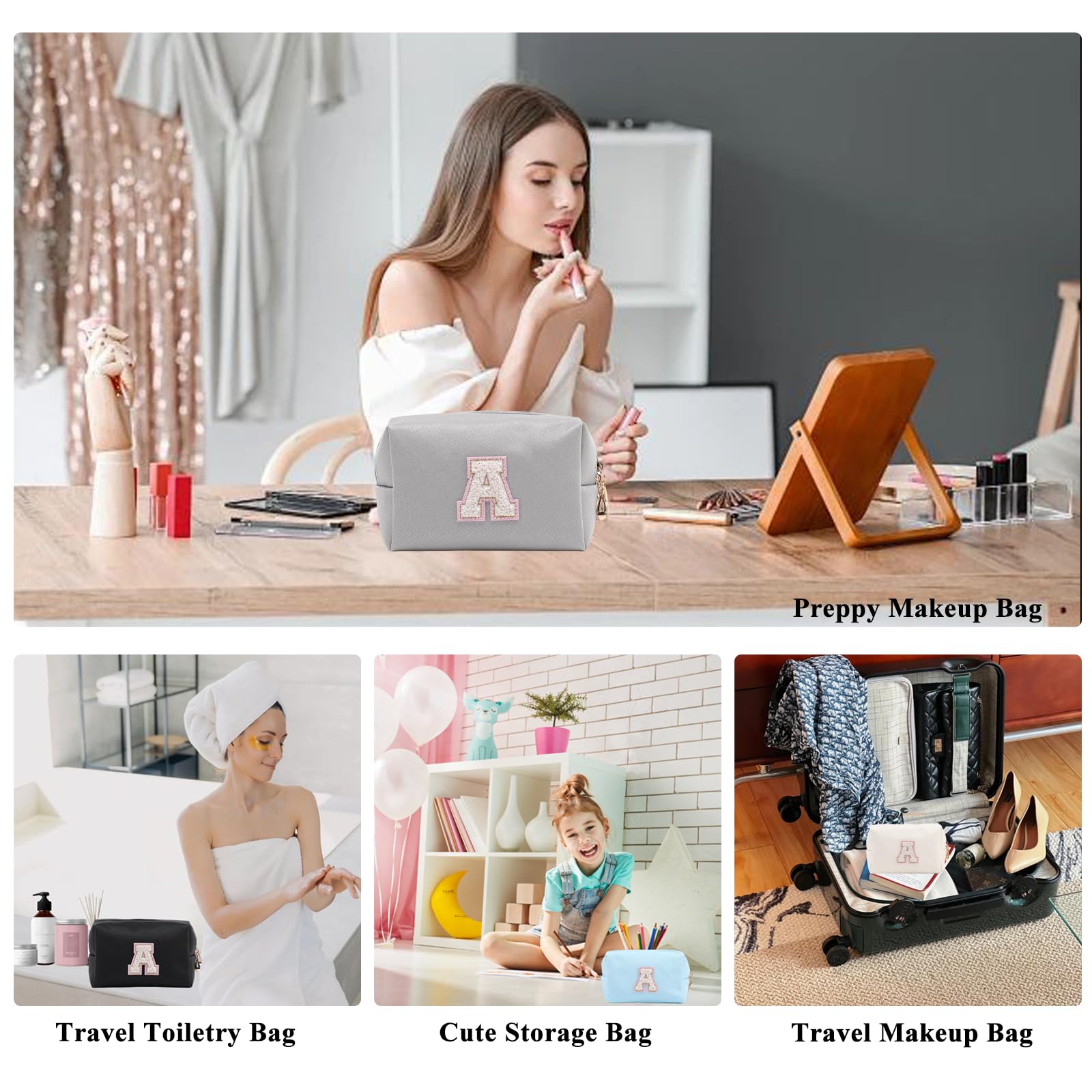 Personalized Makeup Bag,Waterproof Travel Makeup Pouch Cosmetic Bag Birthday Gift for Women Mom，Bride Bridesmaid Cosmetic Bag A-Z — view 44