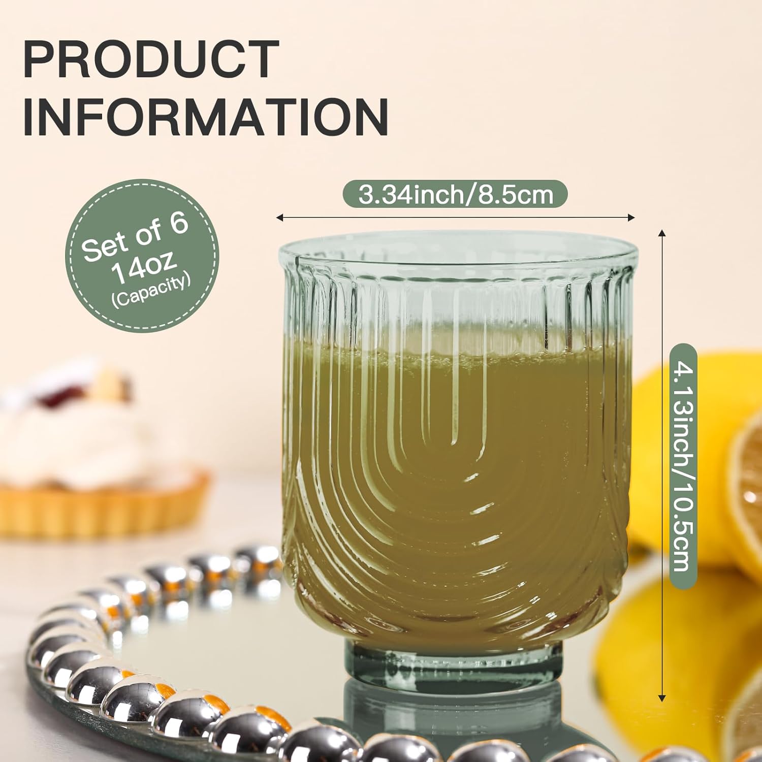 Green Vintage Glassware Set of 6-14Oz Green Water Drinking Glass, Art Deco Ripple Highball Glass, Whiskey Cocktail Glasses, for Bar Ice Coffee Juice, Valentine's Day and New Year Gifts - Image 2