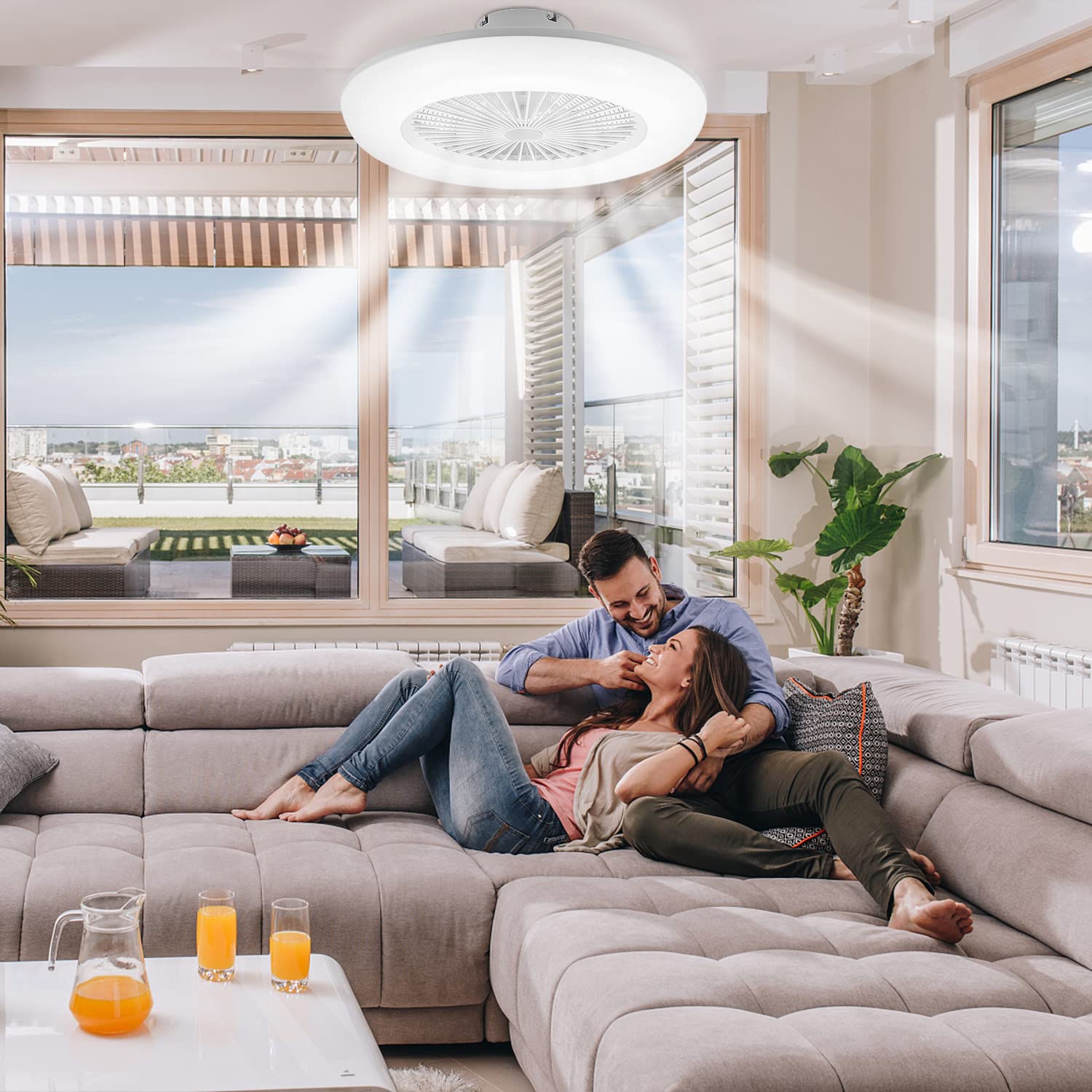 Fiqops Ventilatore da soffitto con illuminazione e telecomando 80 W, Wi-Fi Ø 55 cm, 6 velocità, dimmerabile, timer, funzionamento estivo invernale per camera da letto, soggiorno