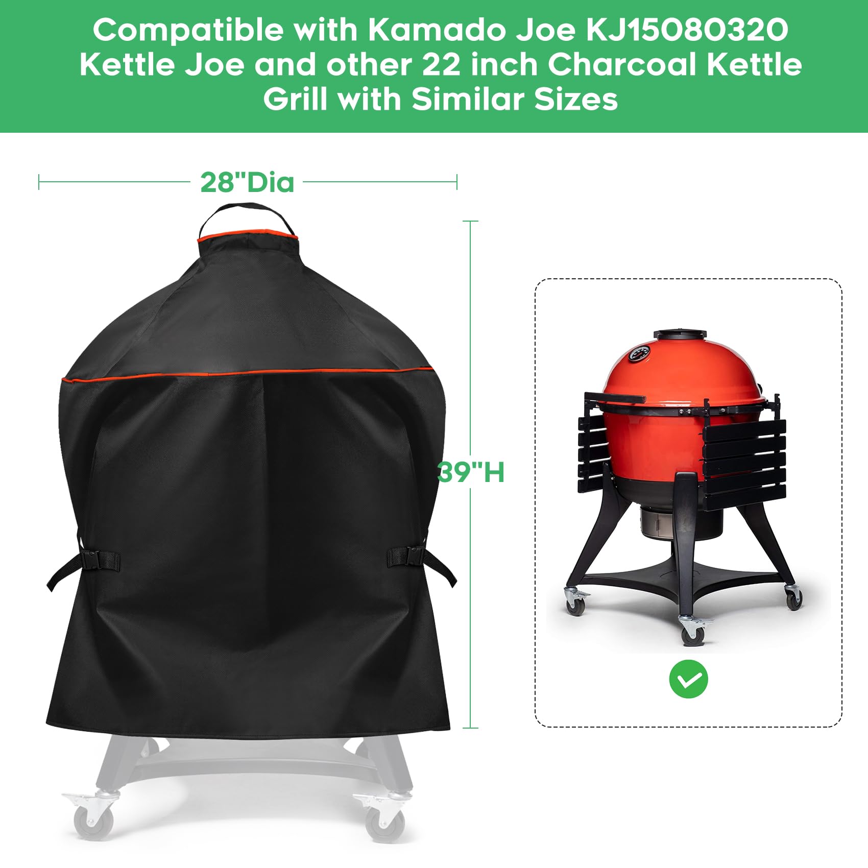 Housse de barbecue robuste 600D pour barbecue Kamado Joe KJ15080320 Kettle Joe et autres barbecues à charbon de bois de 55,9 cm avec tailles similaires, 71,1 cm de diamètre x 99,1 cm de