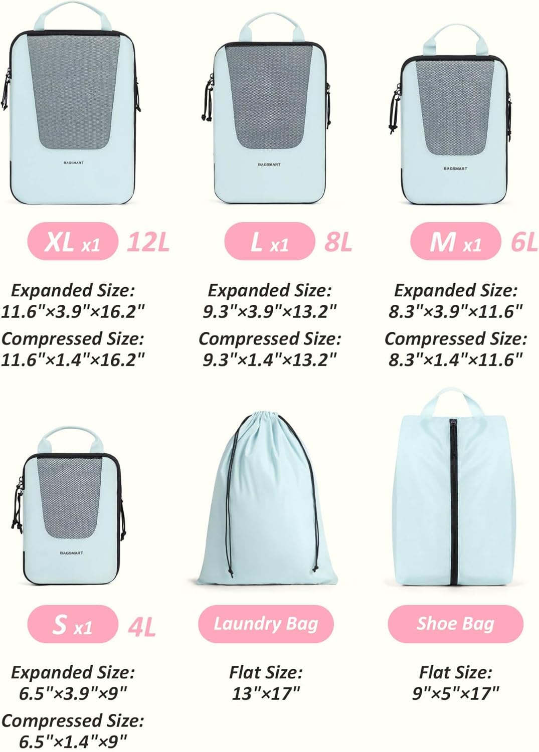 BAGSMART Compression Packing Cubes for Travel, 6/5/4set Lightweight Packing Organizers, Summer Travel Essentials Suitcase Organizer Bags Set - Image 2