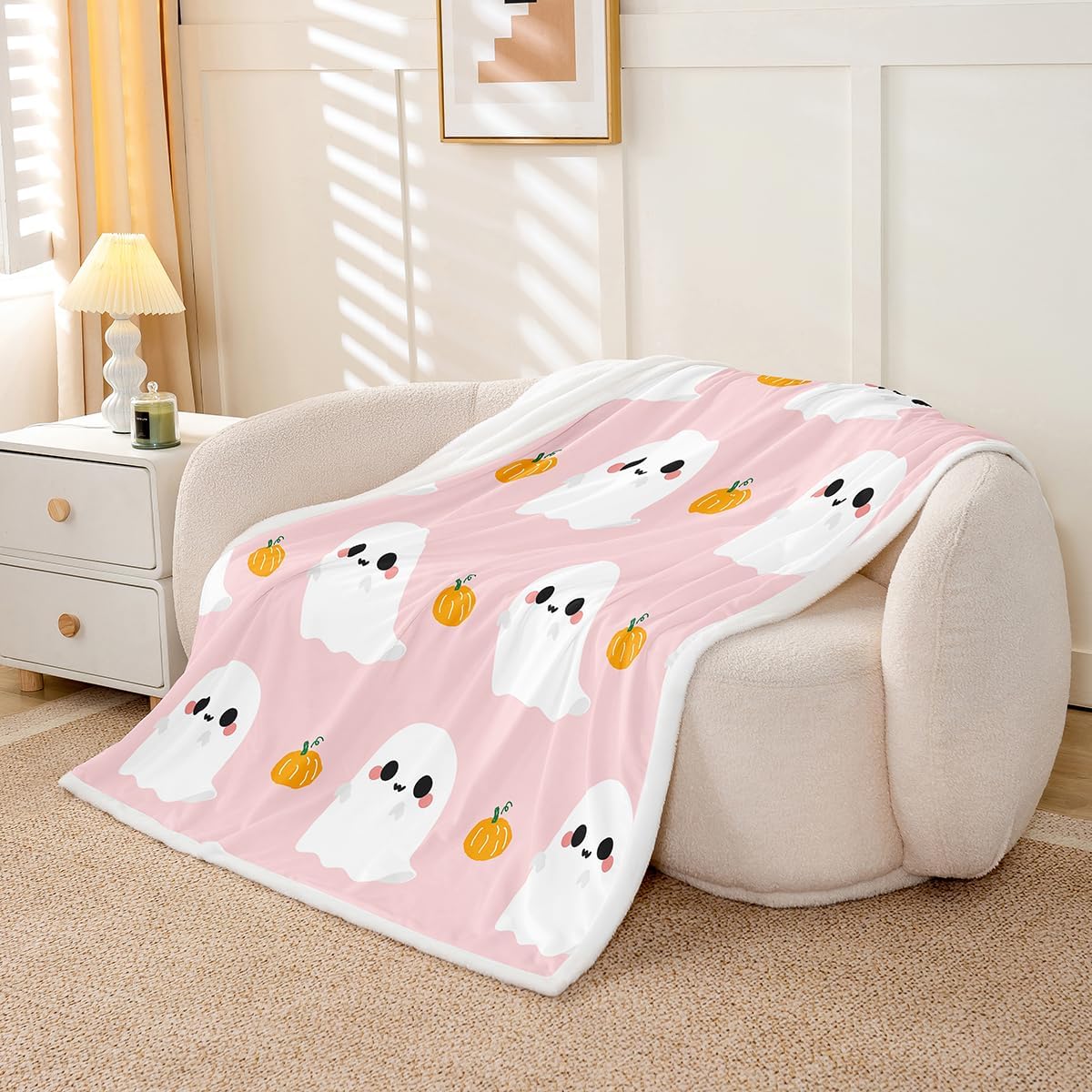 Halloween Throw Blankets Cartoon Ghost Fleece Blanket Halloween Pumpkin Decorations,Gothic Pumpkin Lights Halloween Blanket 50"x60",Kawaii Shadows Pink Room Decor Halloween Decorations Indoor