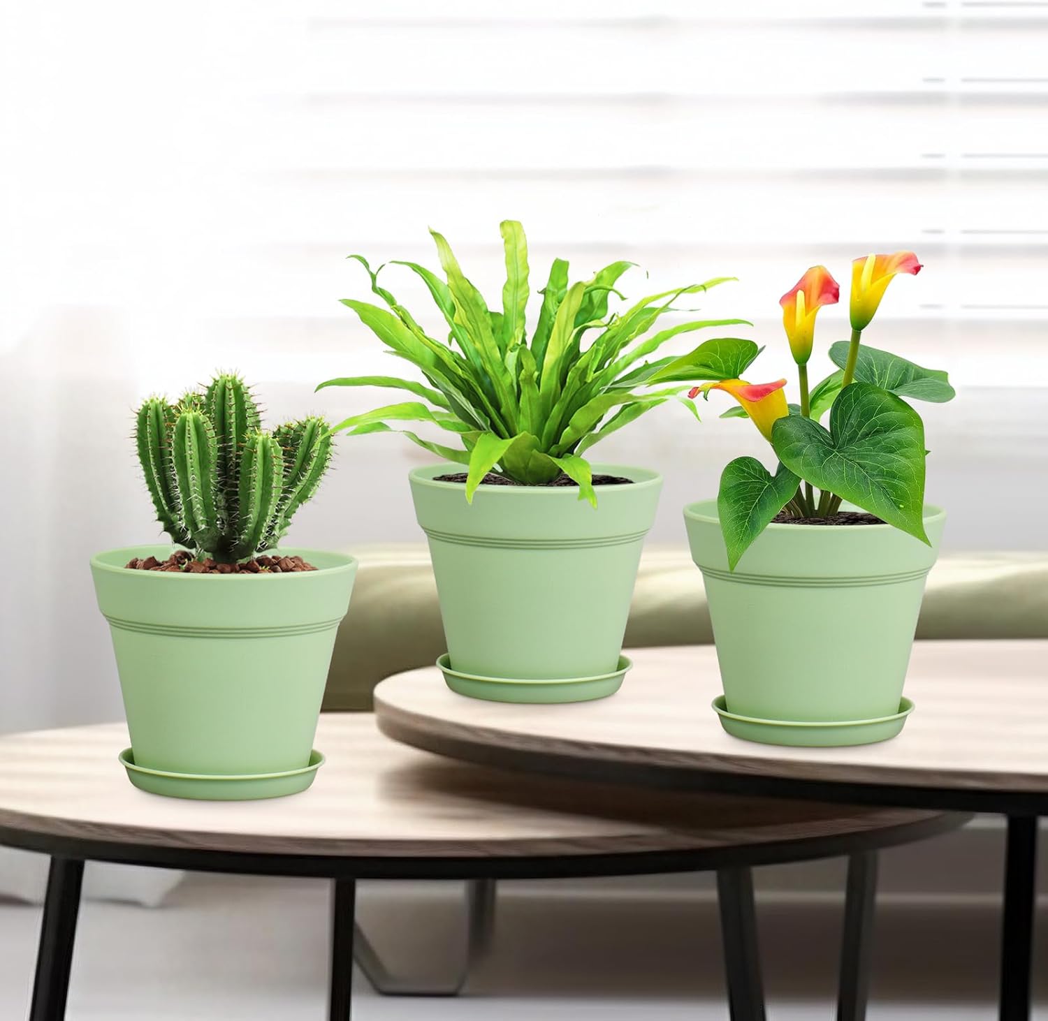 Meowell 6 inch Plastic Nursery Pots, 16 Pack Plant Pots for Small Indoor Outdoor Plants, Flower Pots with Drainage Holes and Saucers, Decorative Seeding Starter Planters for Houseplants, Green