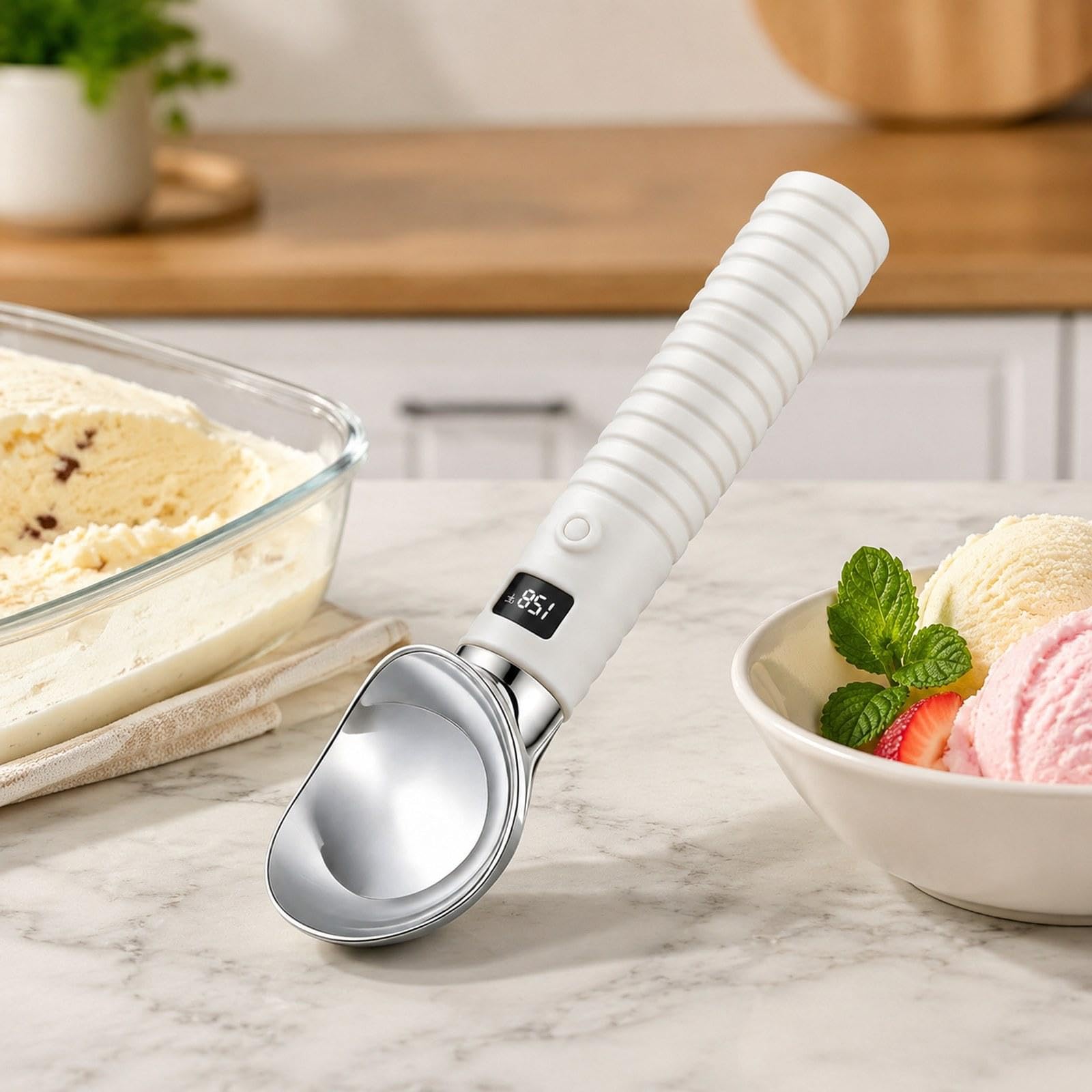 MagiDeal Cuillère à Glace chauffante, cuillère à Glace sphérique, Unique, Portable et Polyvalente, avec Affichage numérique, idéale pour Les Restaurants, Les, Blanc