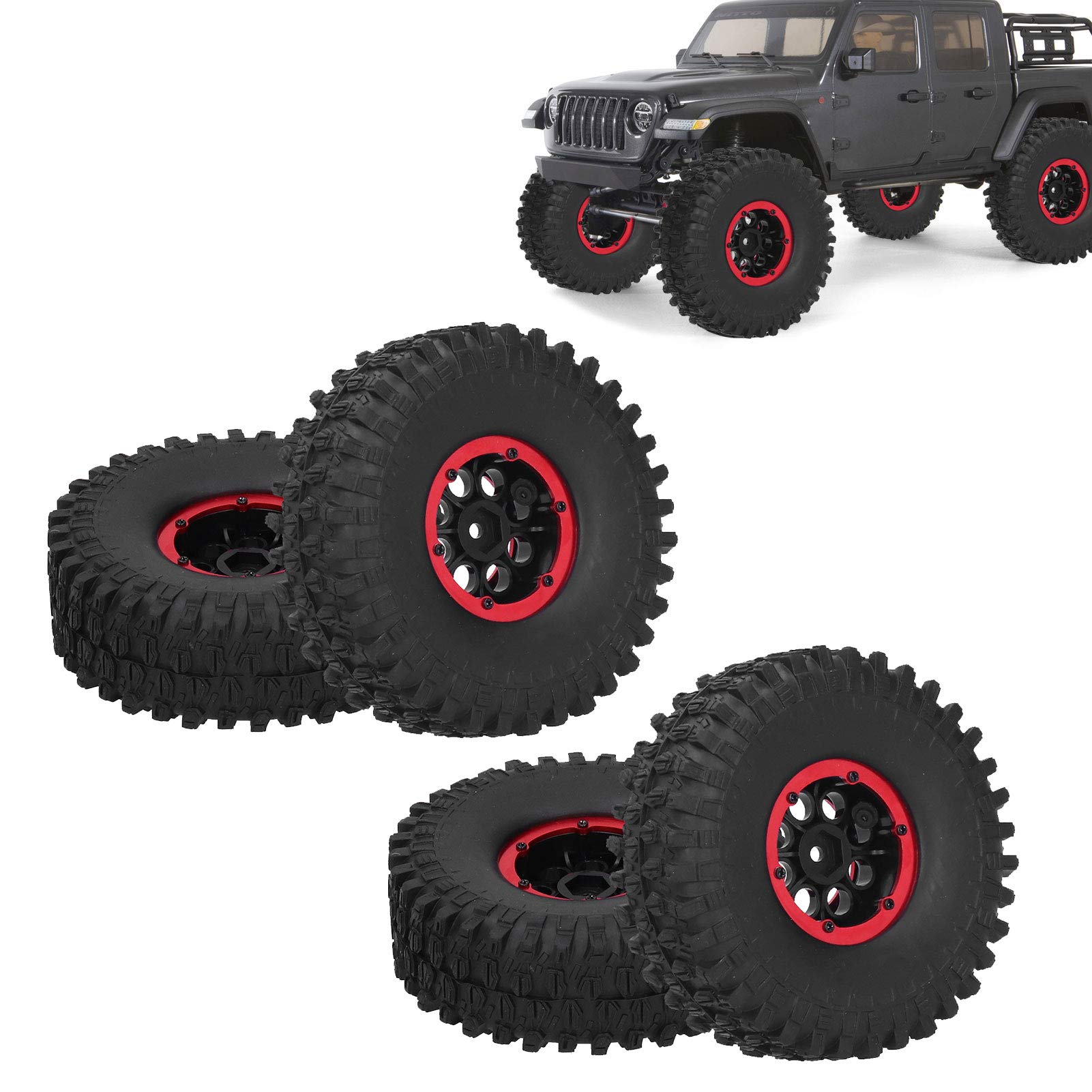 Opony wyścigowe RC 4 szt. Nadmuchiwane koła samochodu zdalnie sterowanego Amortyzacja o wysokiej przyczepności dla modeli w skali 1/10 SCX10 TRX4 TRX6 D90 Guma ze stopu aluminium (Czerwony)