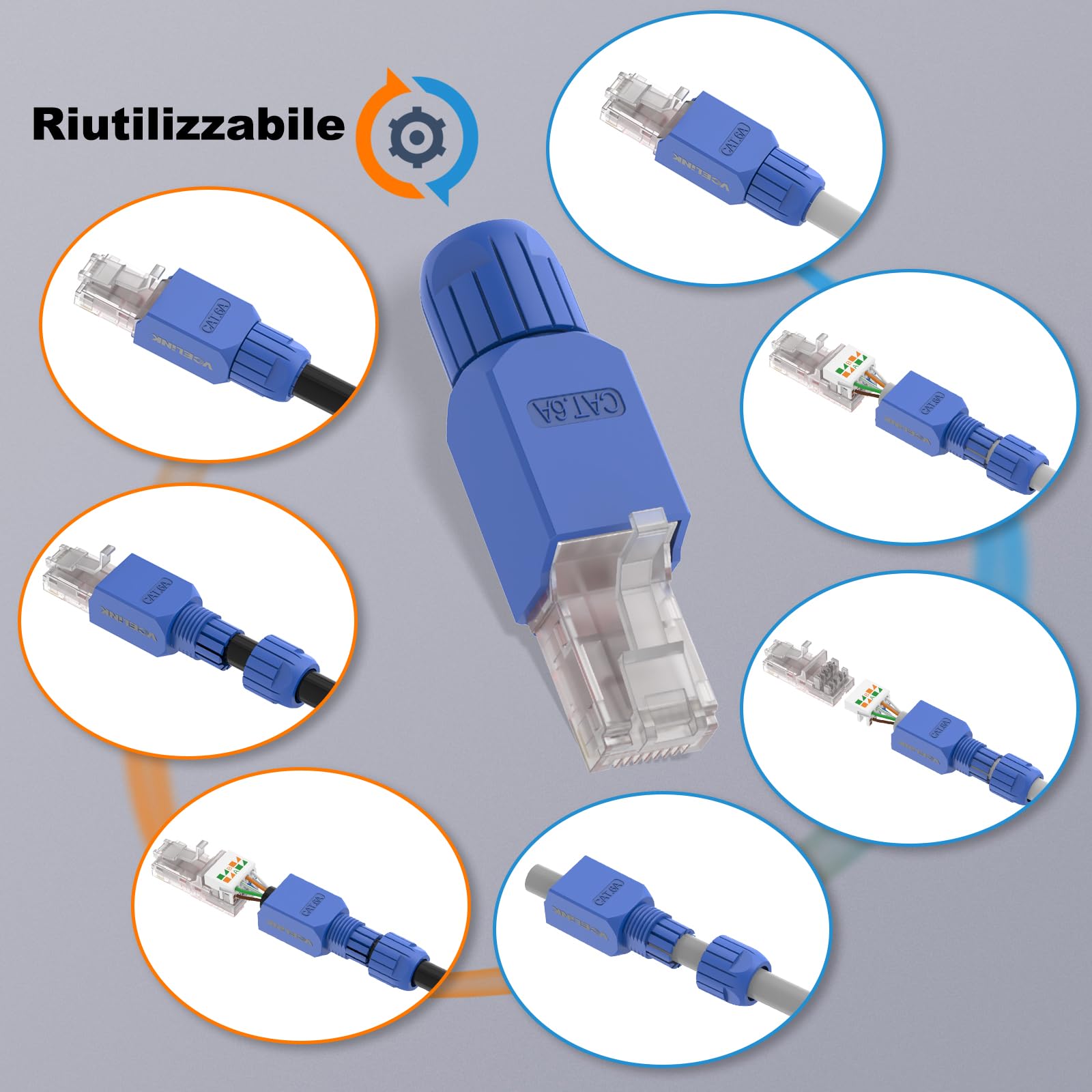 VCELINK Cat6A Connettori RJ45 Senza Attrezzi, 10Gbps/500MHz, UTP Plug Ethernet Placcato Oro Riutilizzabili per Router, Switch, Modem, PC, Facili da Installare, Blu, 4 Pezzi