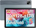 Jeazans Comprimé,10.1" Android 15 Comprimé Octa-core 30GB+128GB double caméra 1280x800 IPS HD écran tactile 6200mAh Wi-Fi 6,BT 5.4 GMS 30GB(6+24) RAM 128GB ROM Appui 1TB Extension des caméras 5MP+8MP
