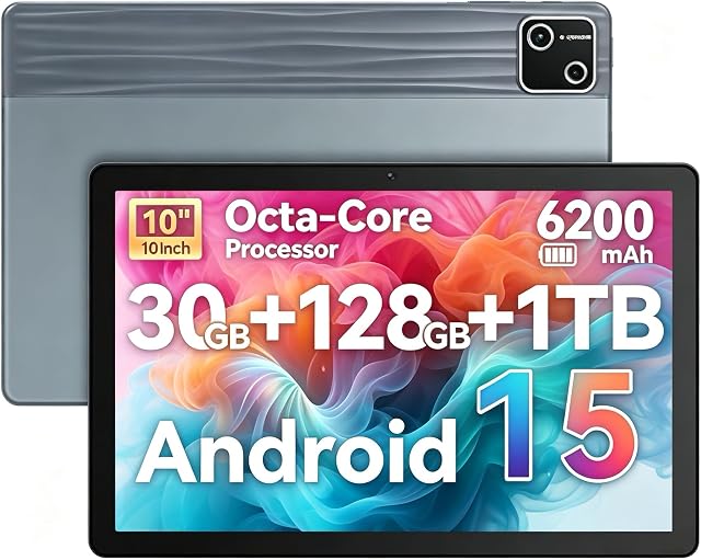 Jeazans Comprimé,10.1" Android 15 Comprimé Octa-core 30GB+128GB double caméra 1280x800 IPS HD écran tactile 6200mAh Wi-Fi 6,BT 5.4 GMS 30GB(6+24) RAM 128GB ROM Appui 1TB Extension des caméras 5MP+8MP