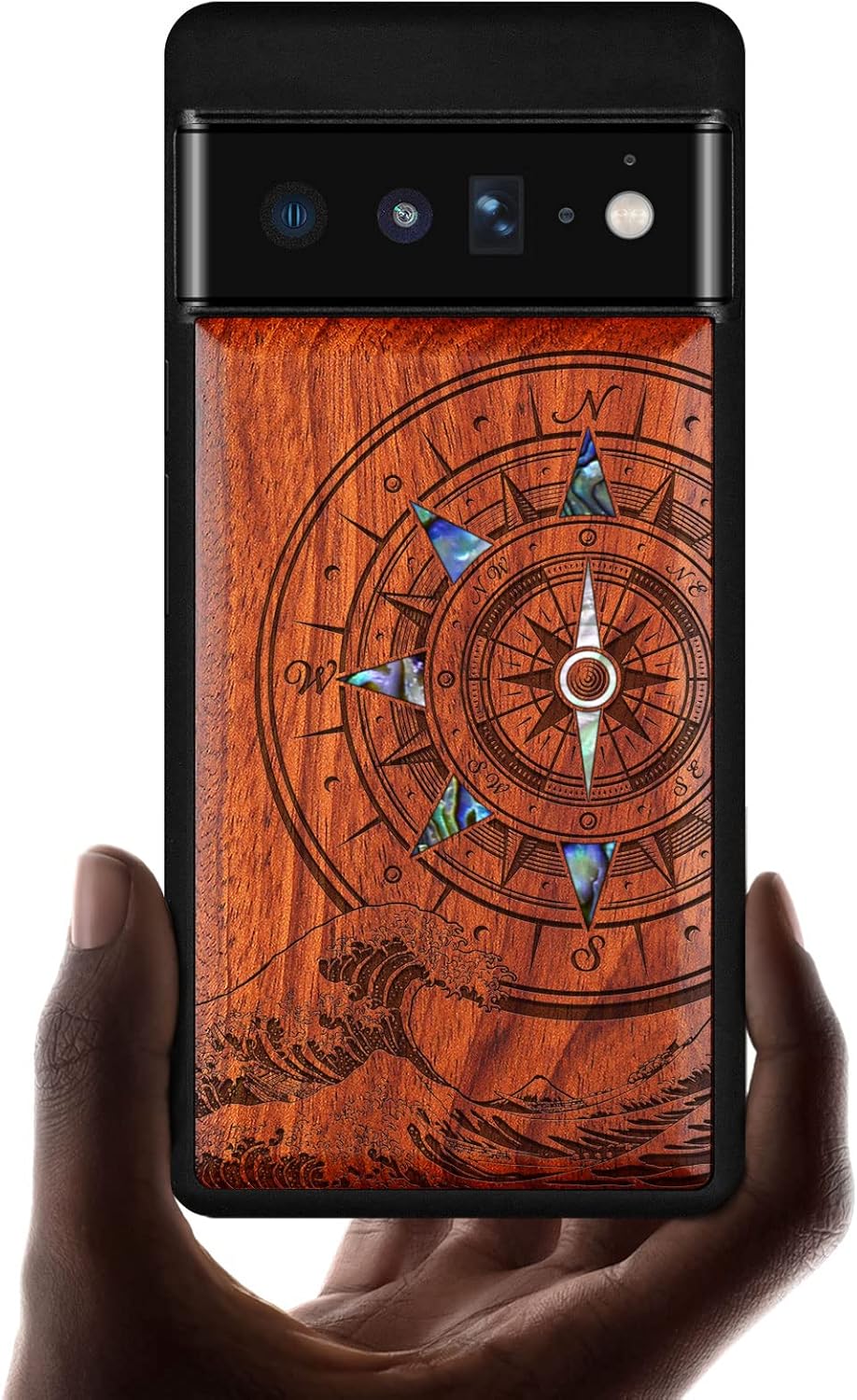 Carveit Designer Wooden Case for Google Pixel 6 Pro Case Cover [Wood Engraving & Shell Inlay] Wood Phone Case Compatible with Wireless Chargers Pixel 6 Pro (Sea Wave Compass-Rosy)
